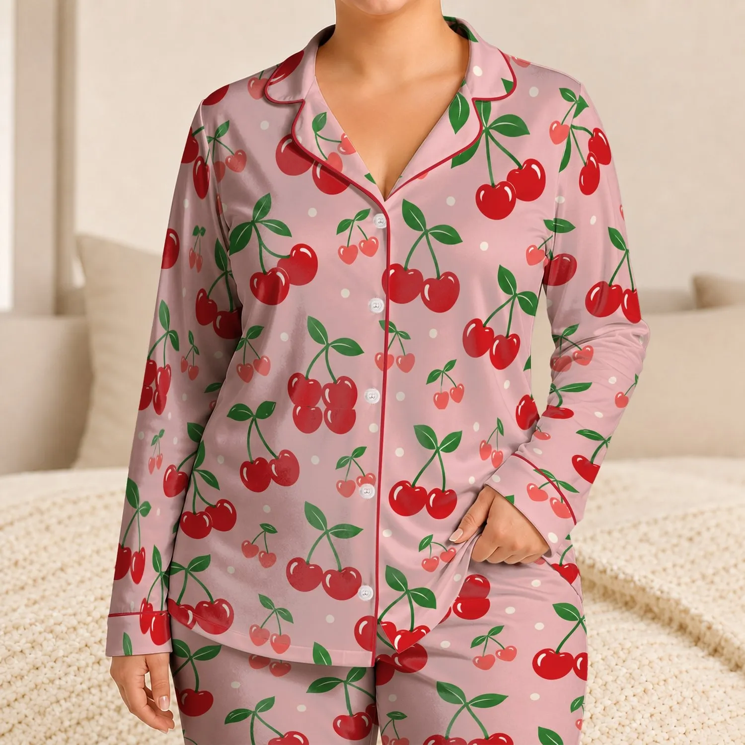 Red Cherry Heart Polka Dot Style for Cozy Lounging and Sweet Weekend Mornings Satin Pajamas Set - 1