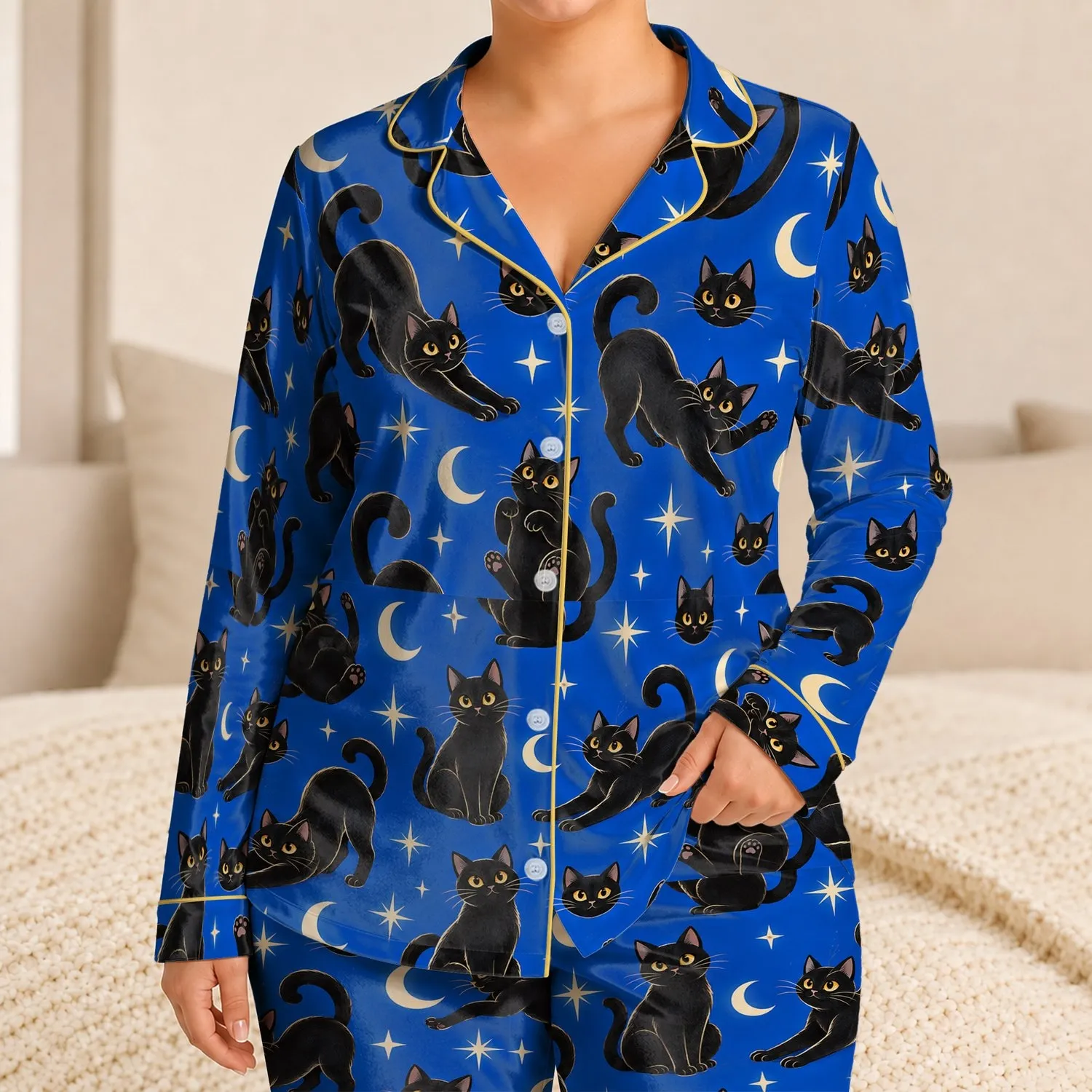Cheerful Black Cats and Crescent Moons for Cozy Halloween Nighttime Lounging Gifts Satin Pajamas Set - 1
