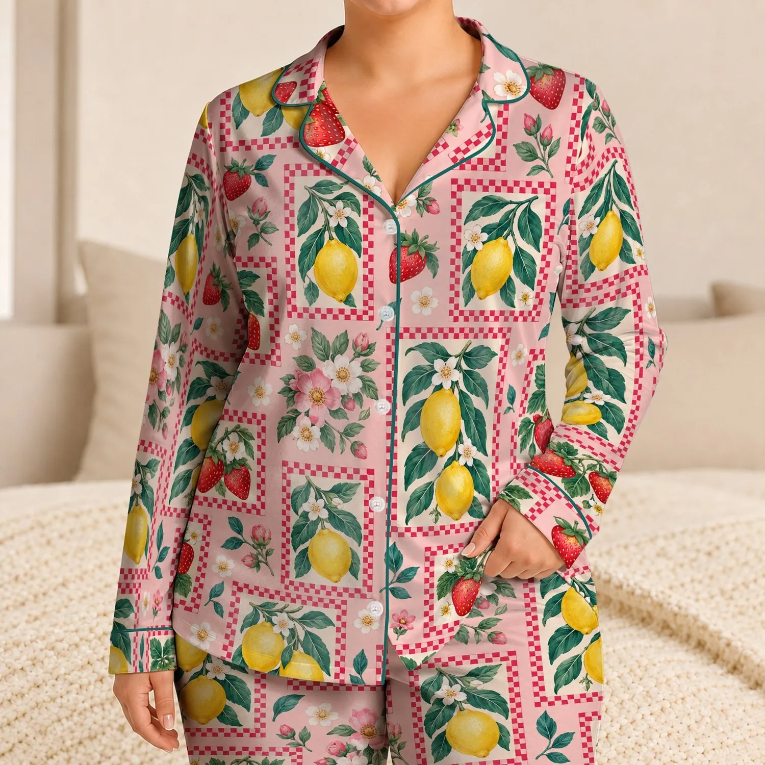 Strawberry Lemon Cottage Checks for Cozy Farmhouse Mornings and Garden Lounging Satin Pajamas Set - 1
