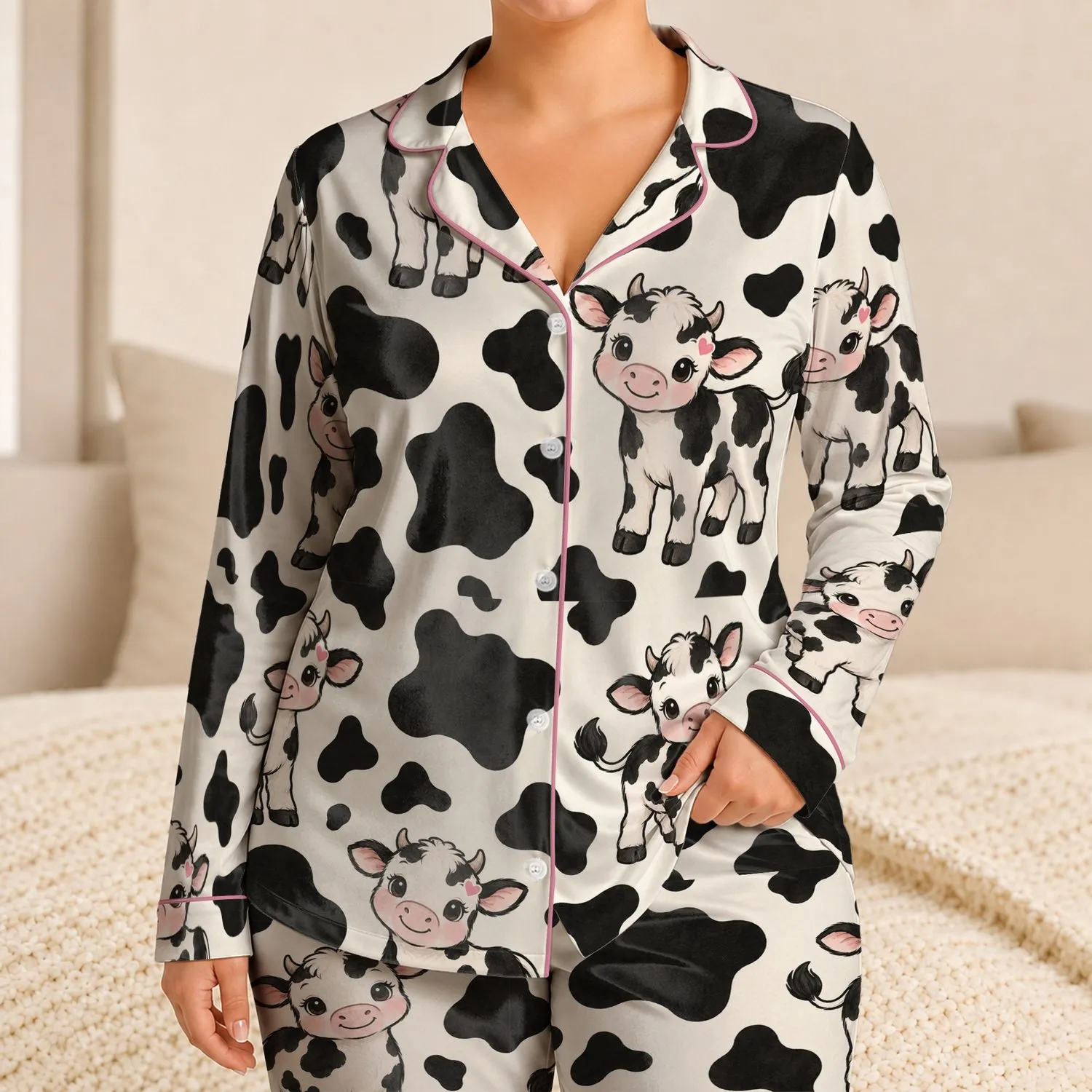 Cute Pink-Nosed Cow Motifs for Cozy Farmhouse Lounging and Relaxed Country Nights Satin Pajamas Set - 1