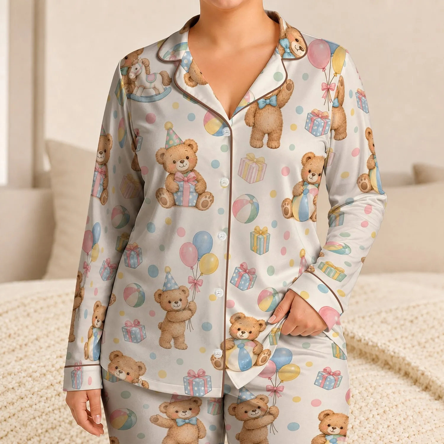 Party Teddy Bears and Pastel Gifts for Cozy Holiday Lounge Style Satin Pajamas Set - 1