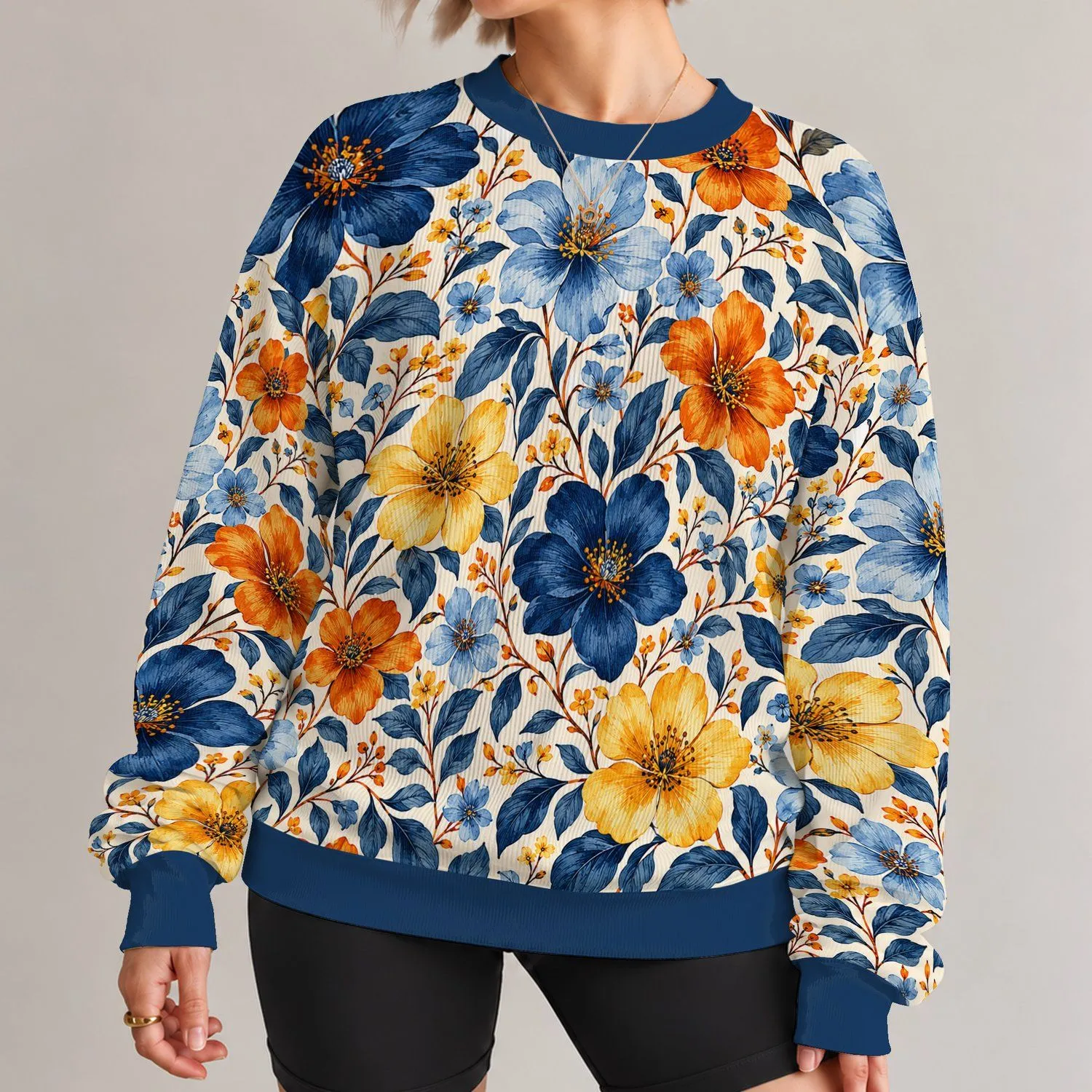 Blue And Ochre Botanical Florals For Relaxed Everyday Wear And Artistic Style All-over Print Knitted Sweater - 1