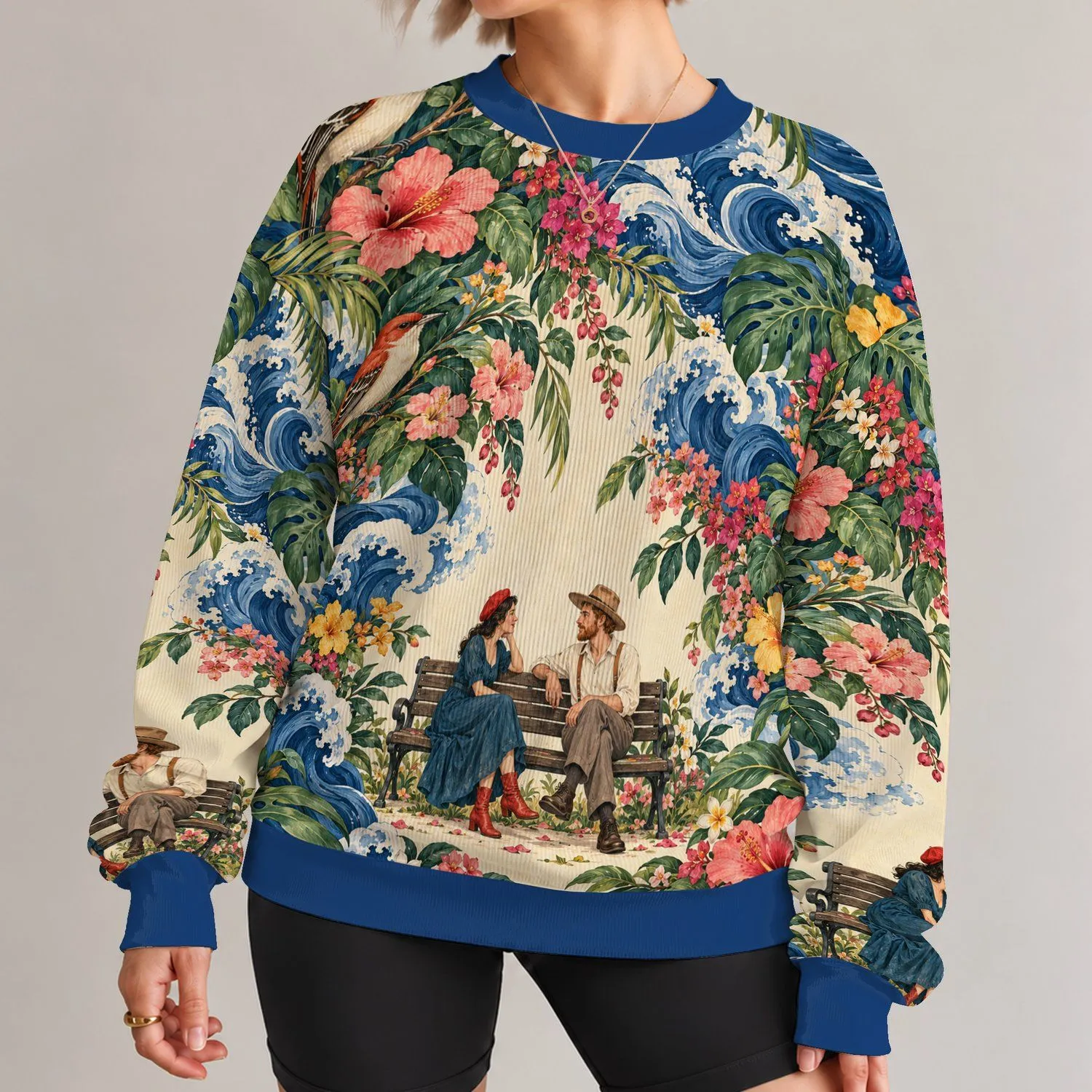 Tropical Birds and Floral Waves for Artistic Everyday Style and Nature Lovers All-over Print Knitted Sweater - 1