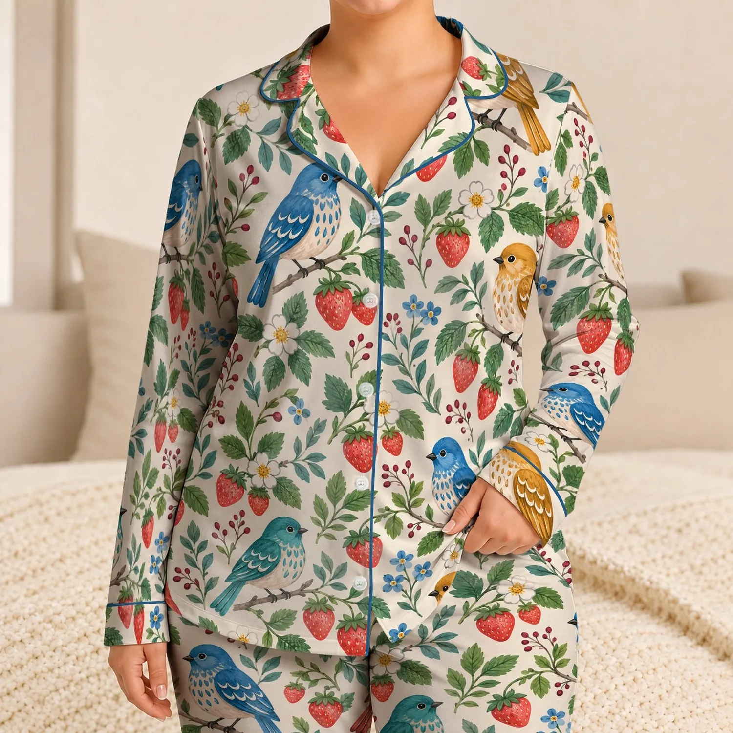 Garden Birds and Strawberries for Cozy Cottagecore Evenings and Slow Mornings Satin Pajamas Set - 1