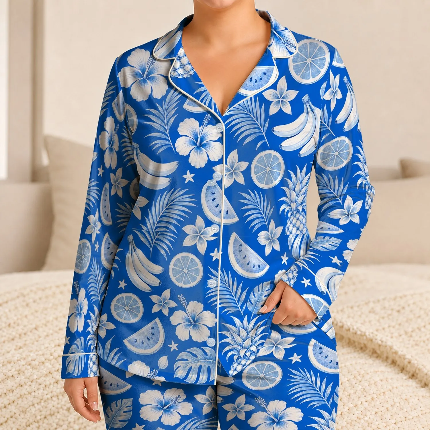 Bright Blue Tropical Pineapple And Watermelon Fruit For Cheerful Summer Lounging Satin Pajamas Set - 1