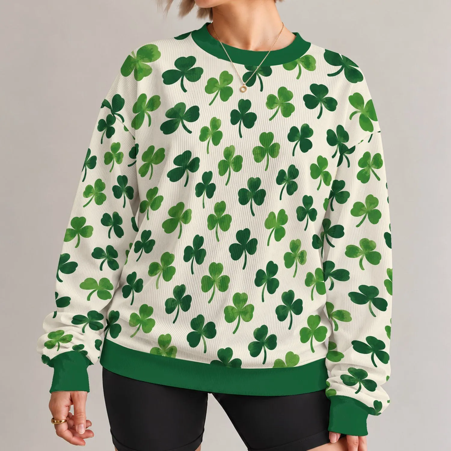 Green Clover Leaf Motif for Fresh Spring Outings and Casual Everyday Style All-over Print Knitted Sweater - 1