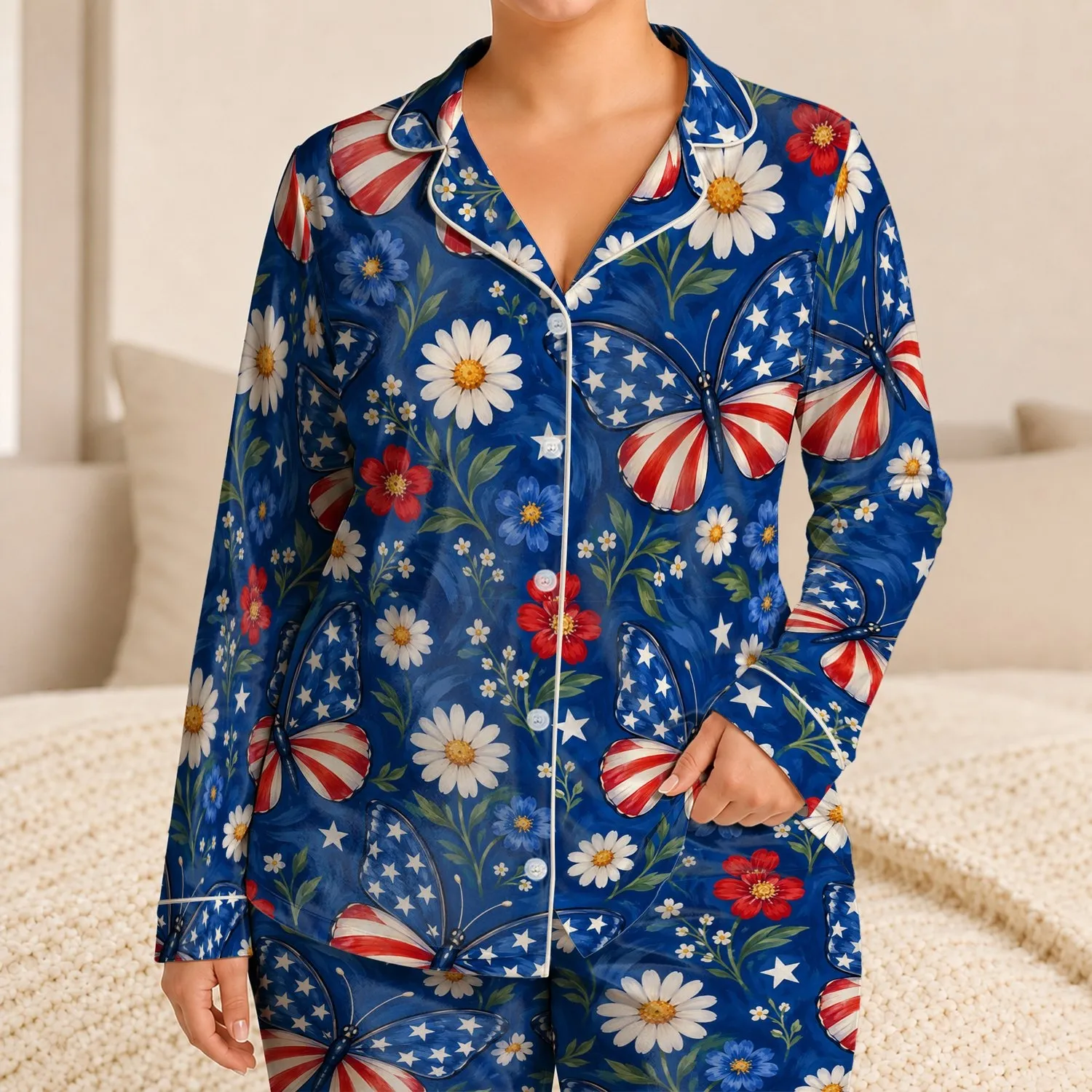 Patriotic Butterfly Blooms for Cozy Fourth of July Lounging and Summer Nights Satin Pajamas Set - 1