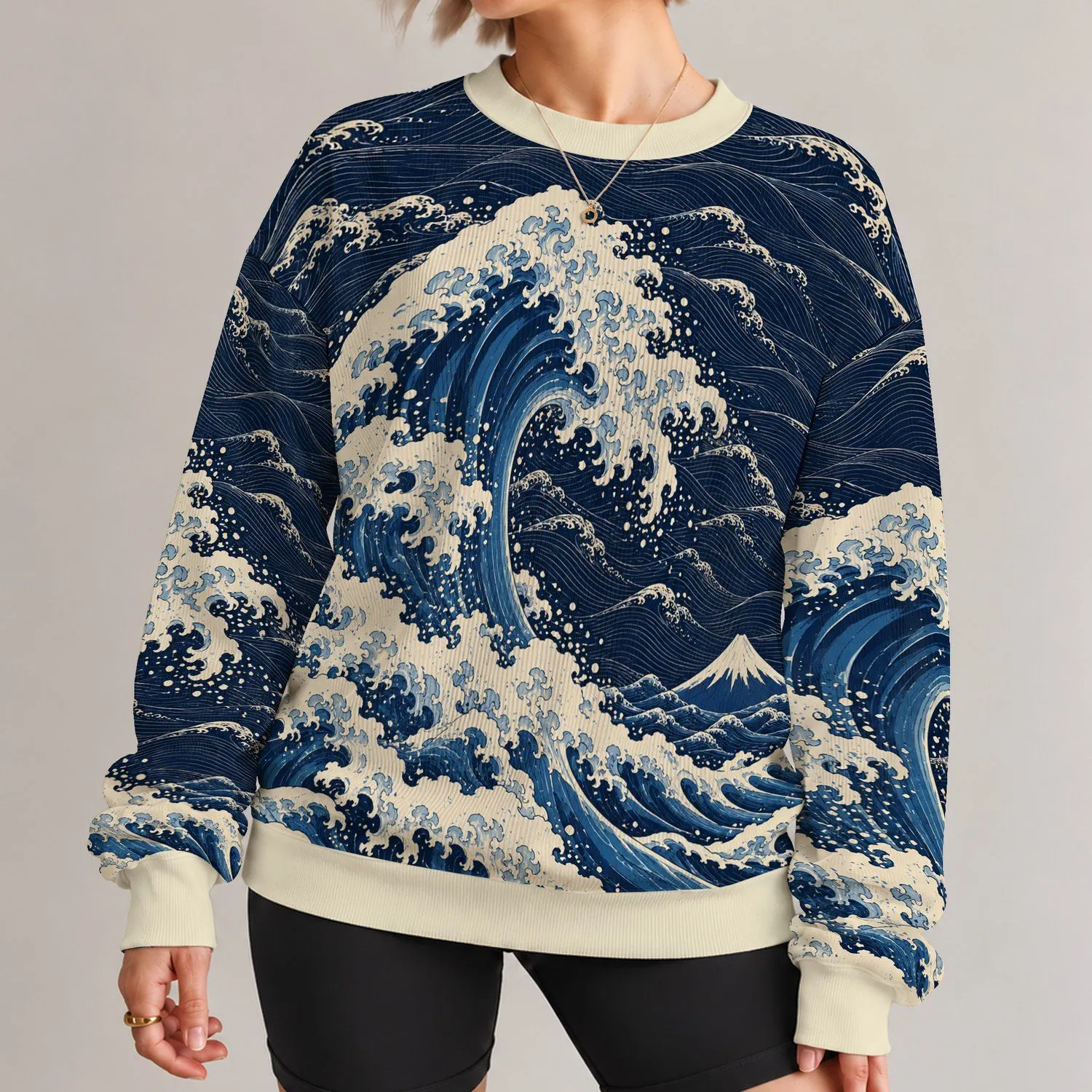 Indigo Ocean Waves and Coastal Mountain Scene for Relaxed Everyday Outings for Women All-over Print Knitted Sweater - 1