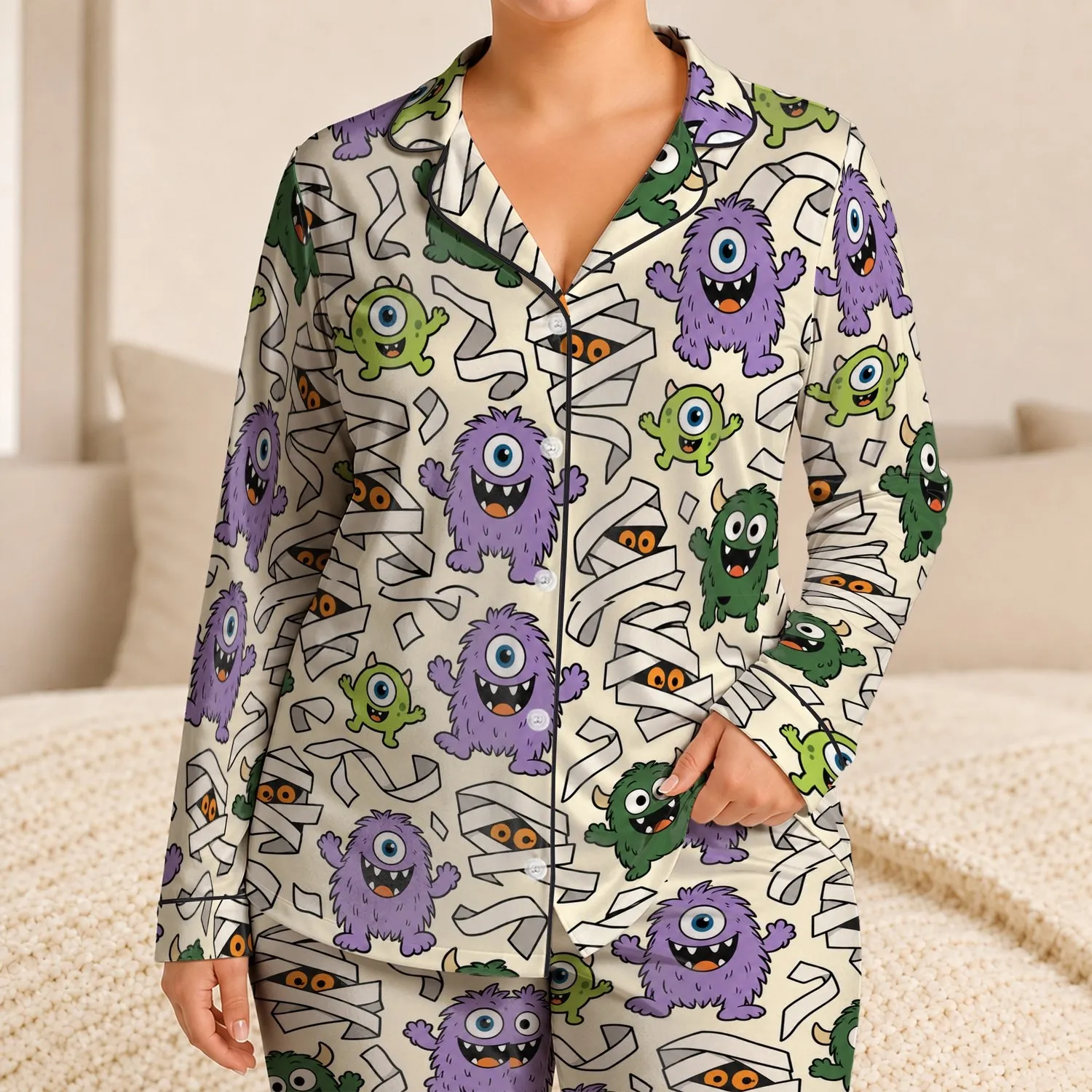 Cute Cartoon Monsters And Mummy Wraps For Playful Halloween Lounging Satin Pajamas Set - 1