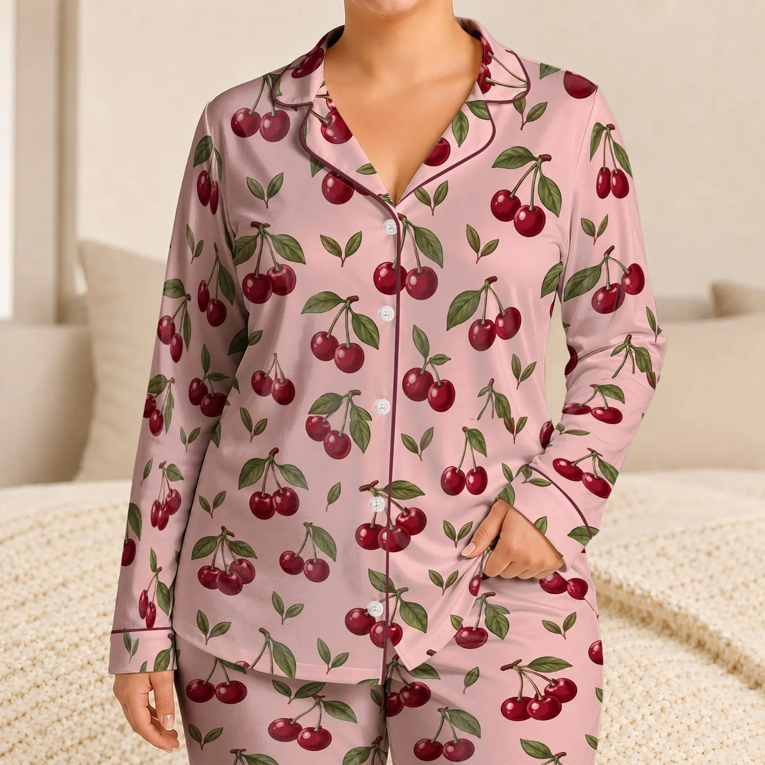 Burgundy Cherry Sprigs on Blush Pink for Fresh, Cozy Summer Mornings Satin Pajamas Set - 1