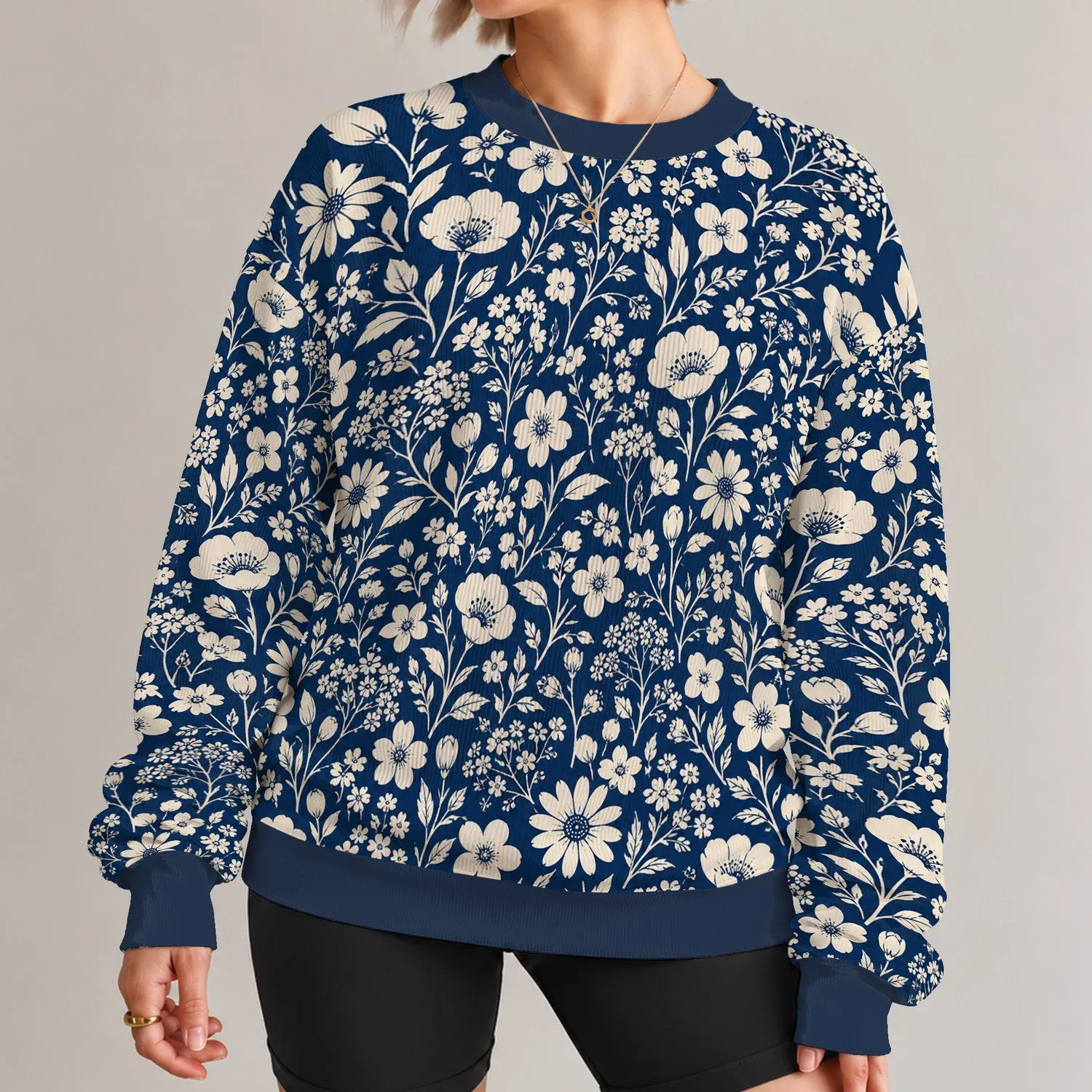 Indigo Cream Wildflower Botanical Motif For Casual Days And Weekend Outings All-over Print Knitted Sweater - 1