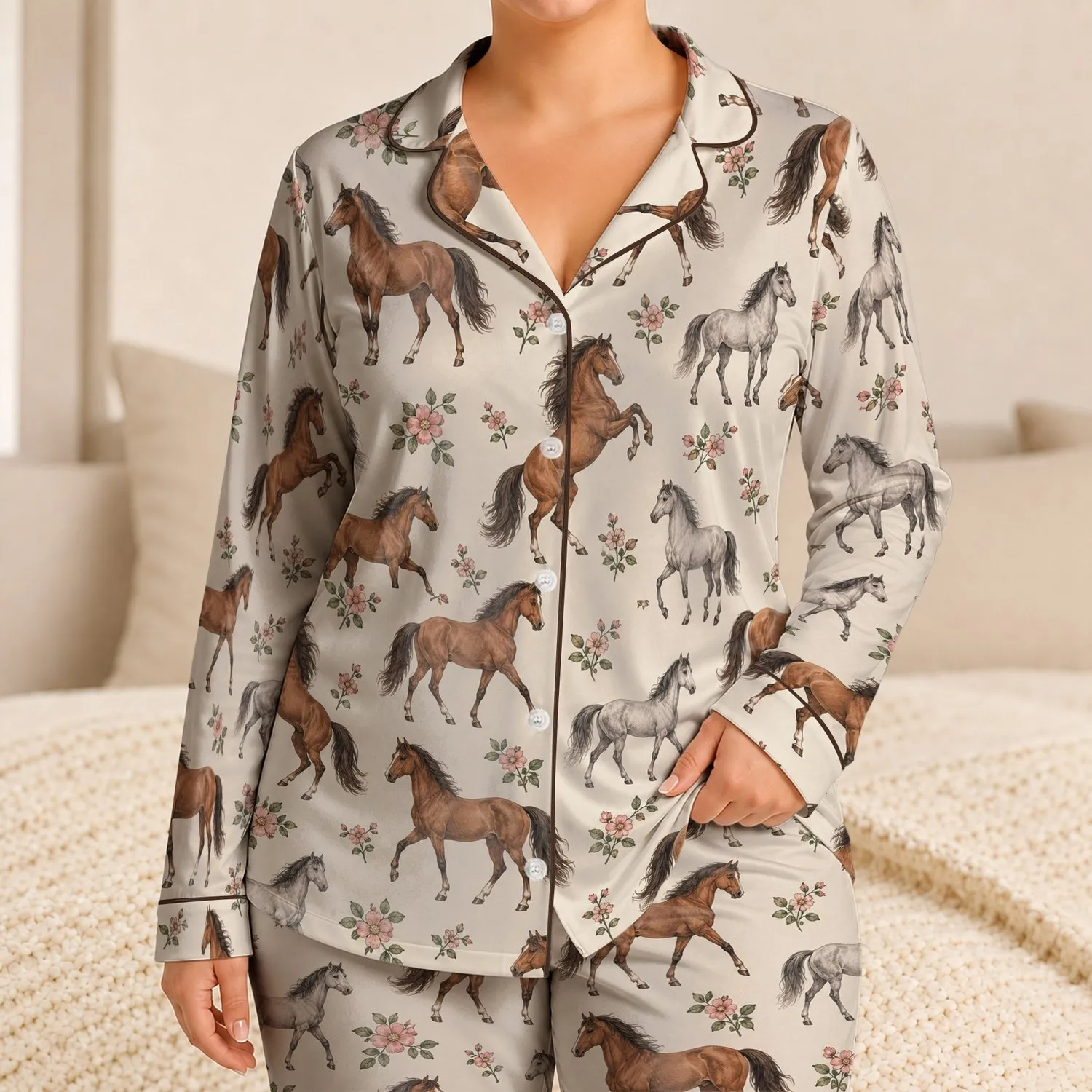Chestnut Horse and Rose Equestrian Motif for Cozy Country Evenings at Home Satin Pajamas Set - 1