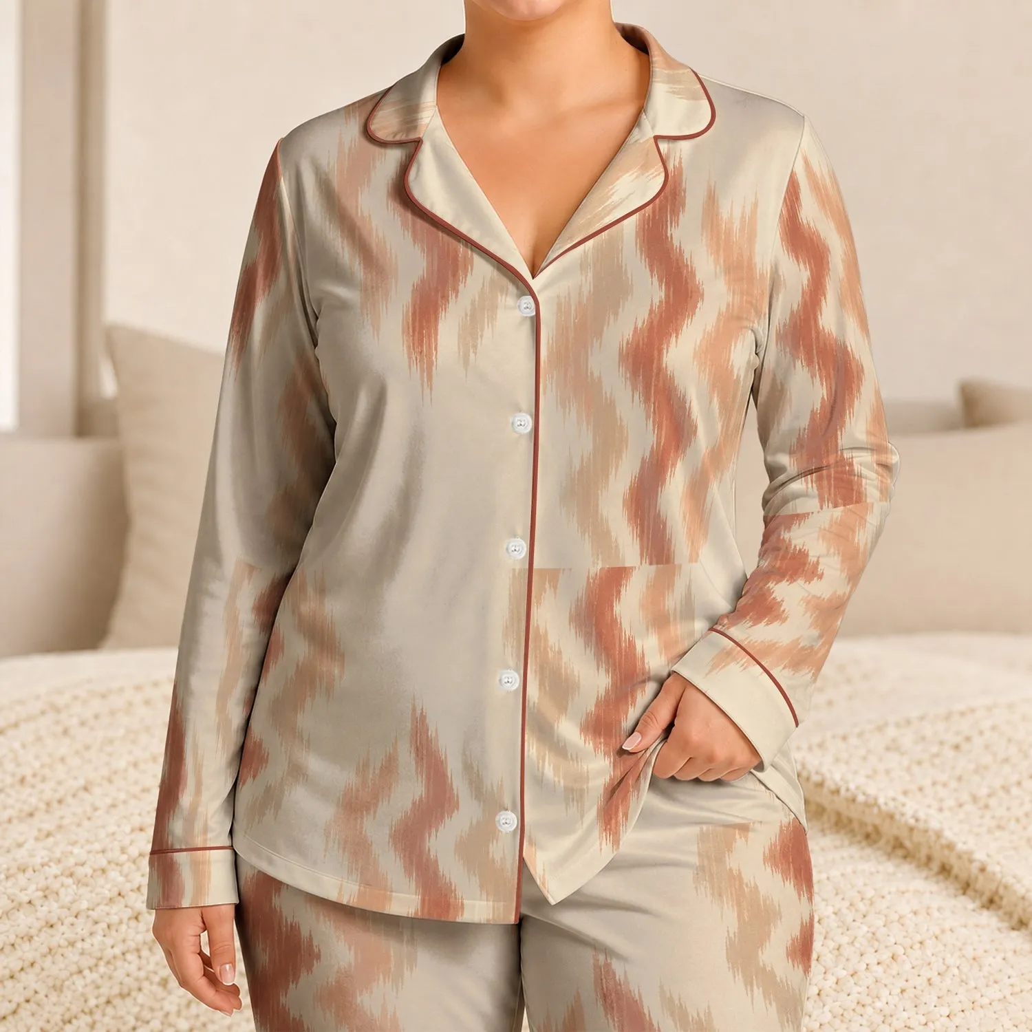 Terracotta Ikat Stripes for Relaxed Summer Lounging and Cozy Mornings Satin Pajamas Set - 1