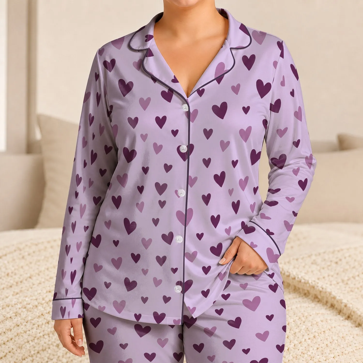Lavender Hearts for Cozy Valentine Evenings and Romantic At-Home Lounging Gift Ideas Satin Pajamas Set - 1