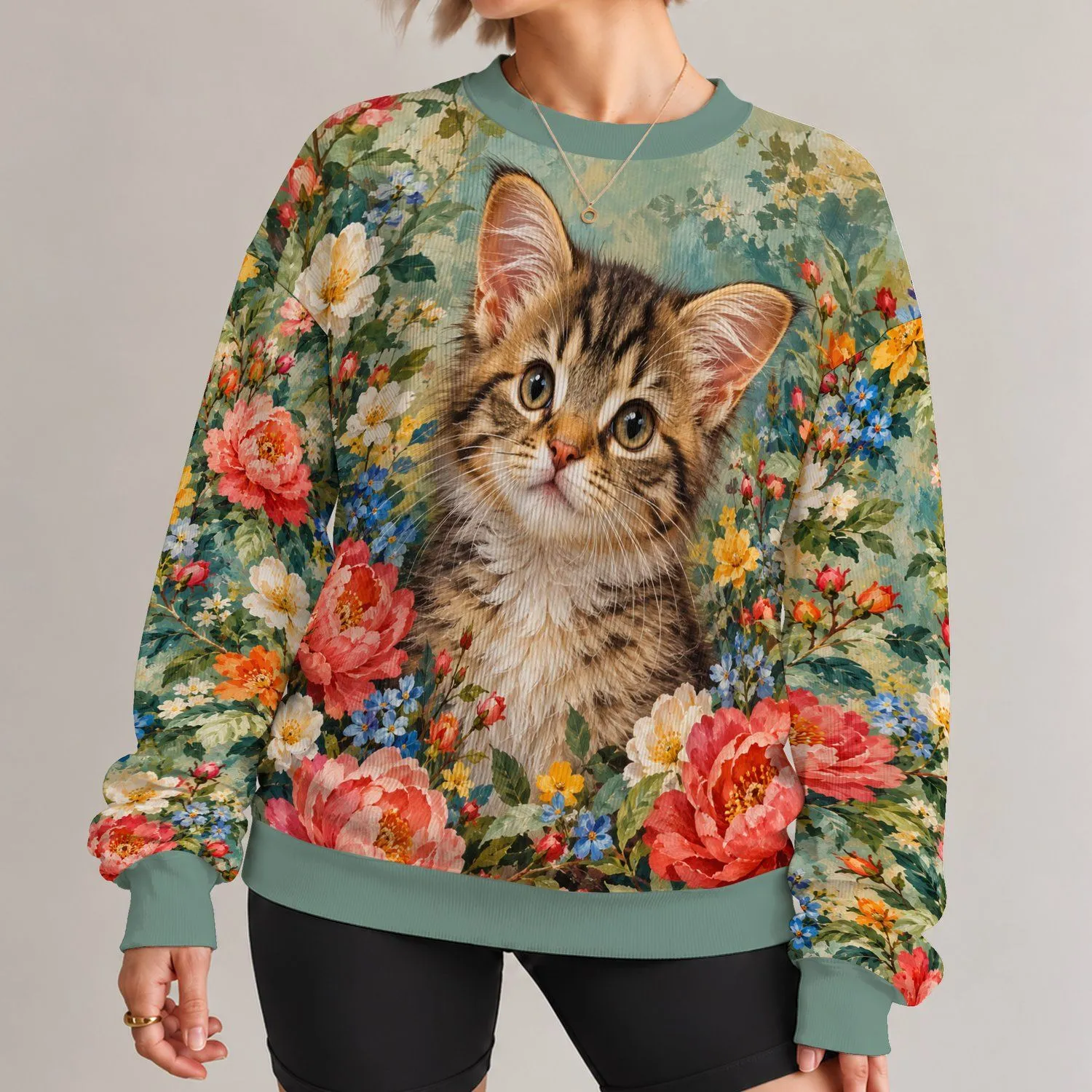 Painterly Kitten Among Wildflowers for Whimsical Everyday Style and Cat Lovers Women All-over Print Knitted Sweater - 1