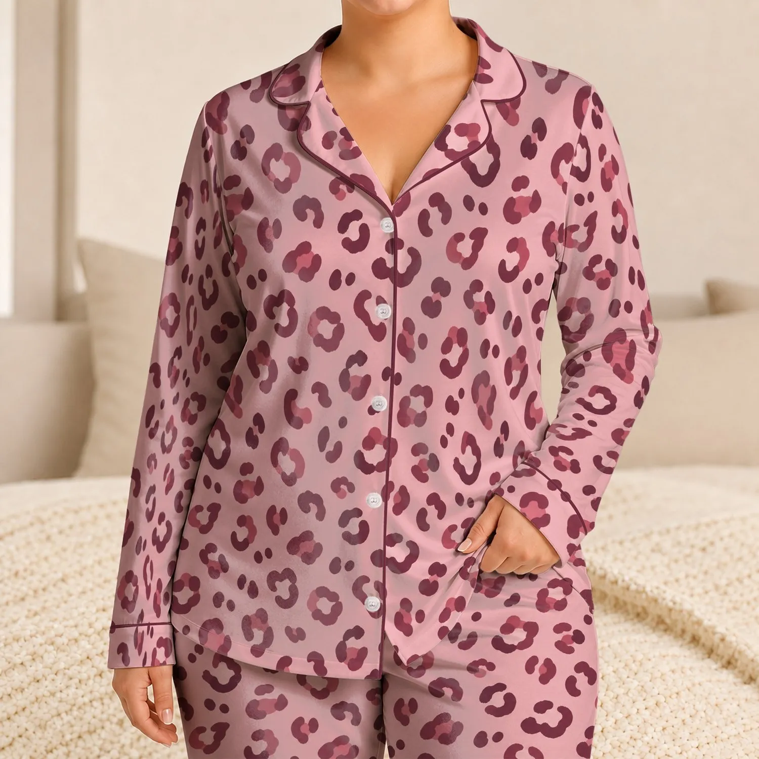 Blush Pink Leopard Spots for Relaxed Summer Evenings and Cozy Lounging Satin Pajamas Set - 1