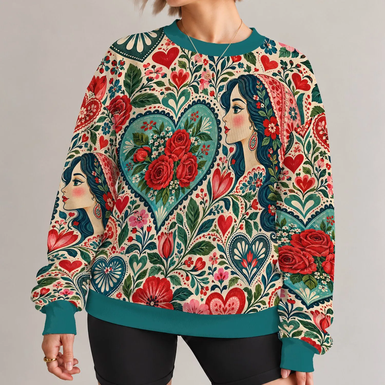 Folk Floral Hearts and Roses for Whimsical Valentine's Day Celebrations for Women All-over Print Knitted Sweater - 1