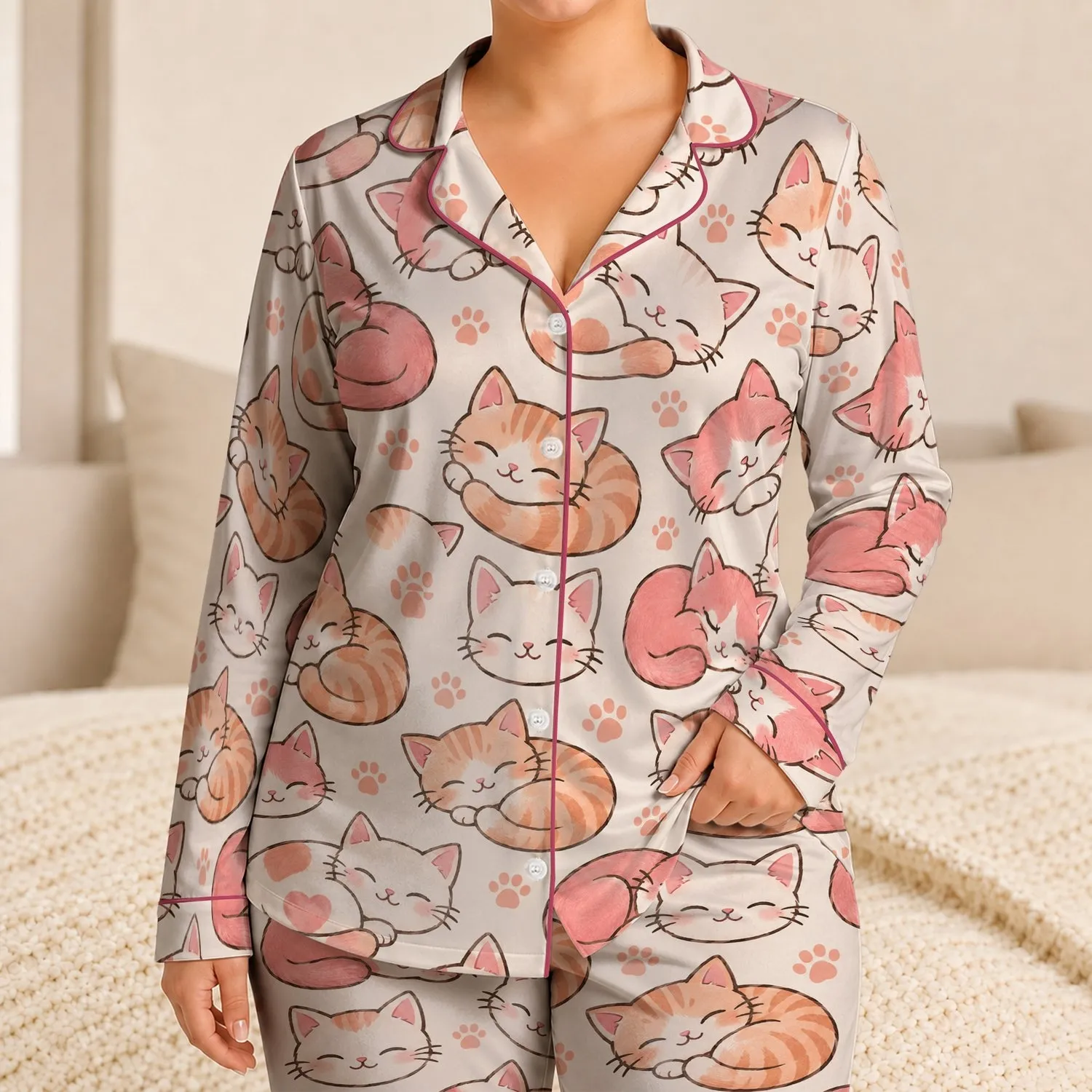 Sleepy Pink Kitten Faces for Cozy Spring and Autumn Lounging at Home Satin Pajamas Set - 1