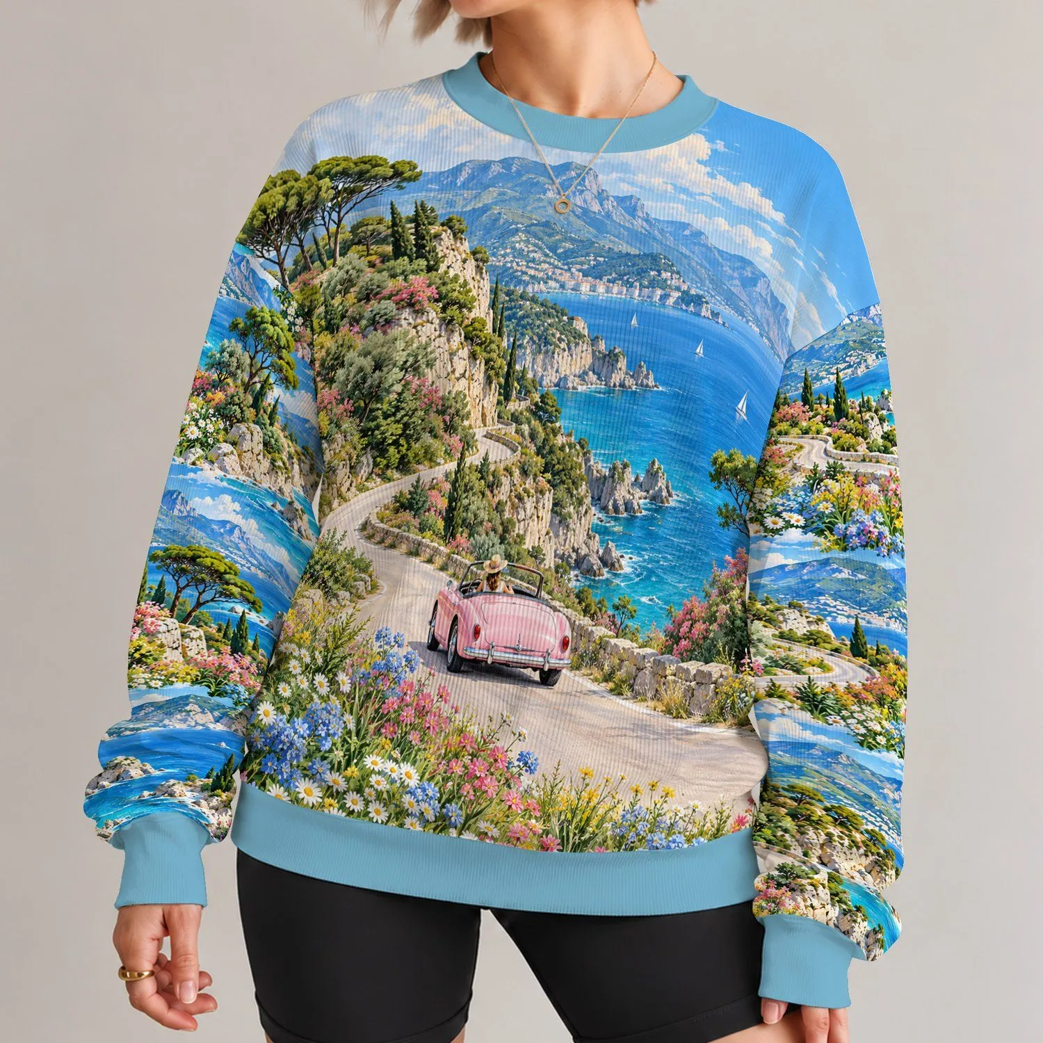Coastal Road Trip Scenery with Wildflower Meadows for Scenic Getaways and Travel Lovers All-over Print Knitted Sweater - 1