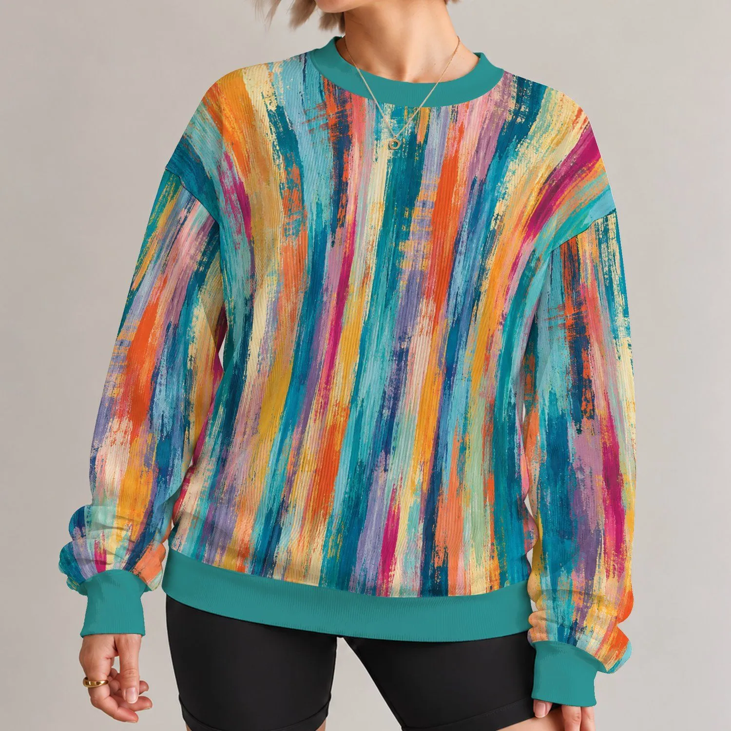 Colorful Teal Brushstroke Stripes for Relaxed Everyday Wear and Creative Style for Women All-over Print Knitted Sweater - 1