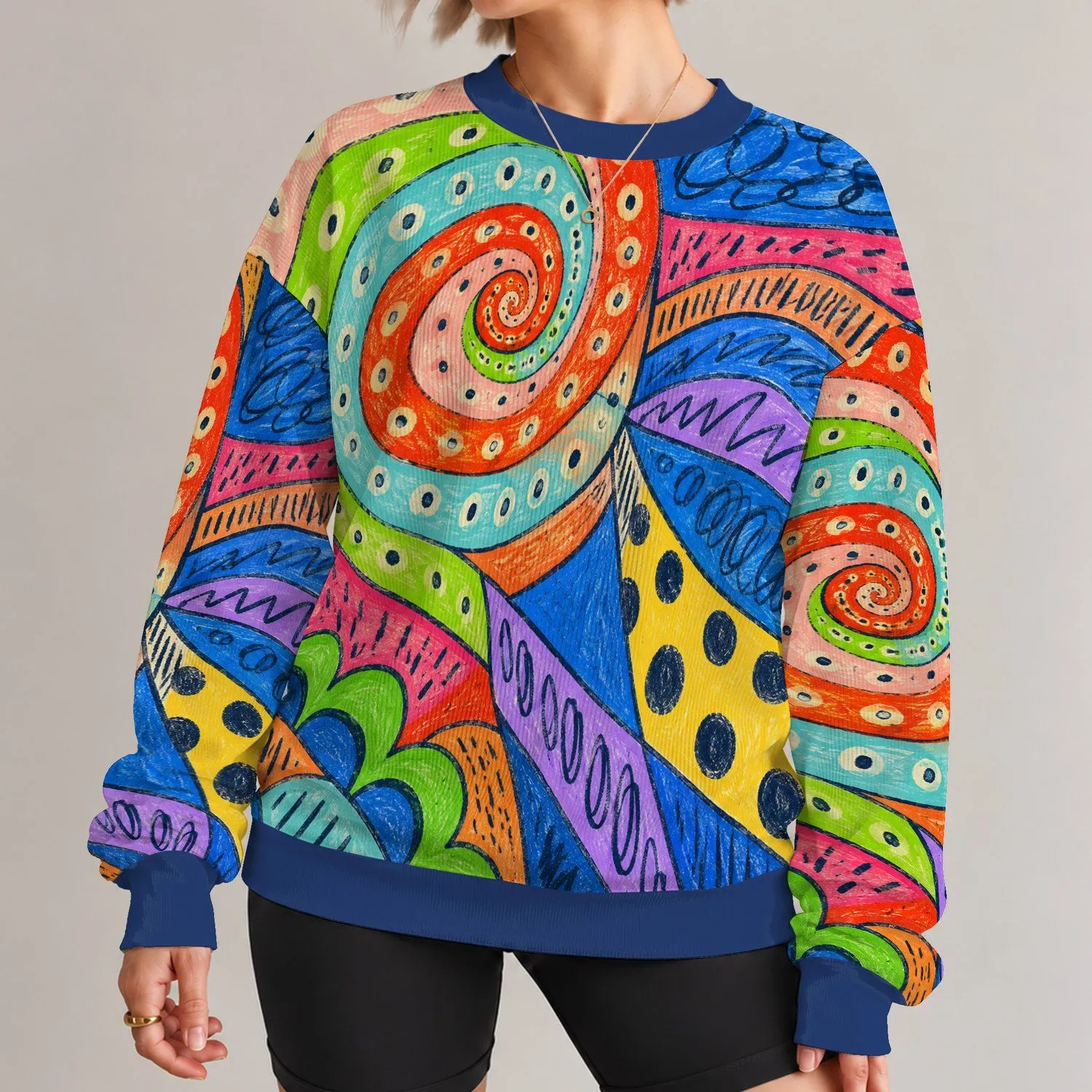 Colorful Crayon Swirls and Patchwork for Creative Autumn Outings and Everyday Wear All-over Print Knitted Sweater - 1