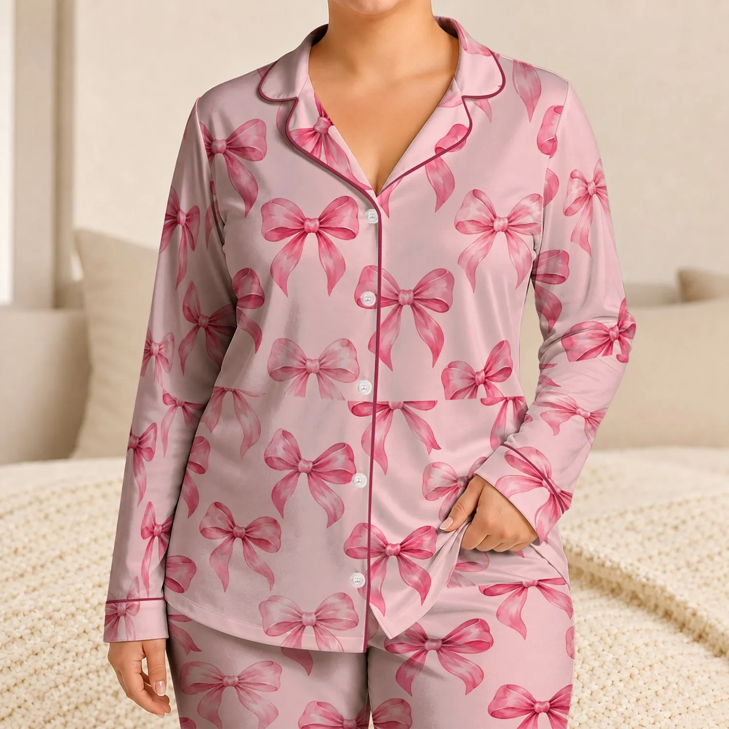 Romantic Rose Pink Bow Motif for Cozy Evenings and Relaxing at Home Satin Pajamas Set - 1
