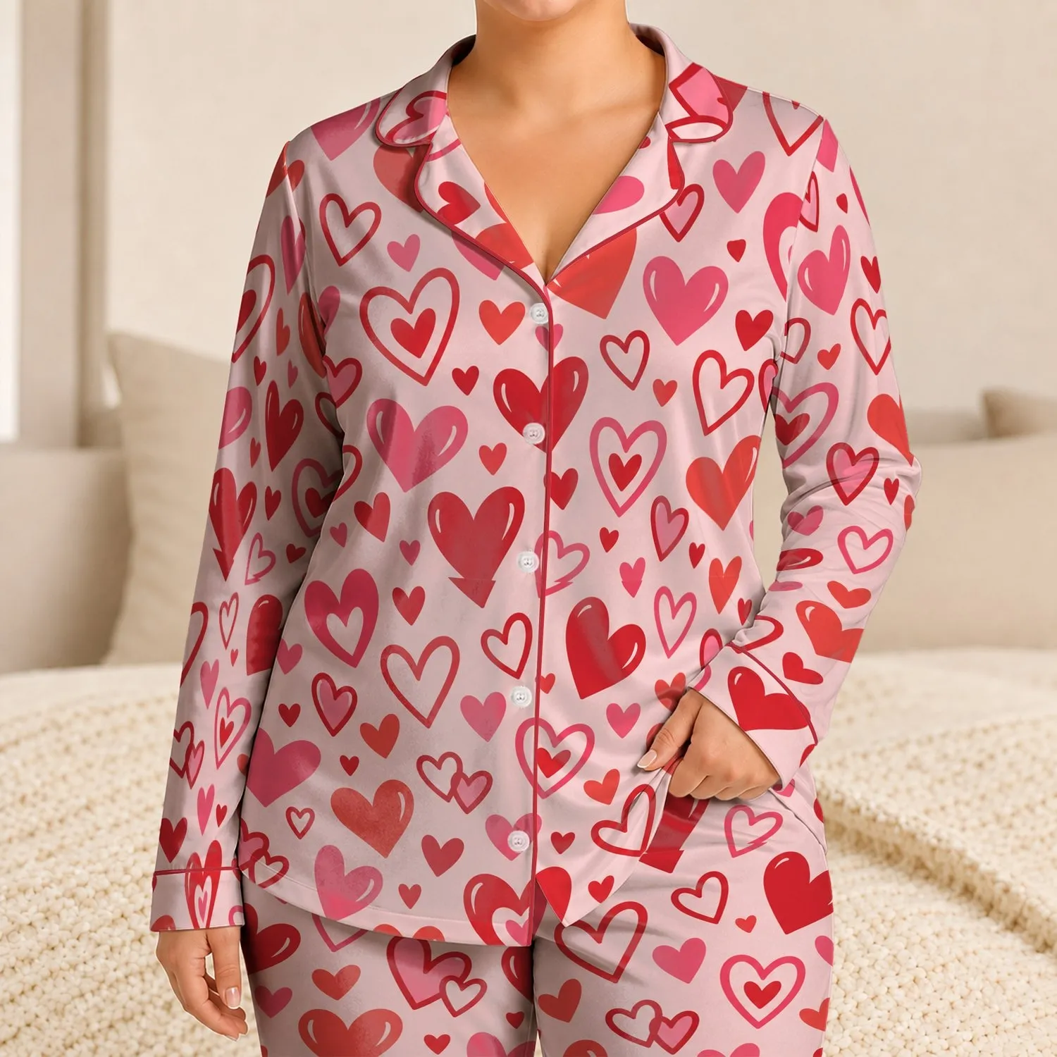 Coral And Rose Hearts For Romantic Lounging And Cozy Valentine's Mornings Satin Pajamas Set - 1