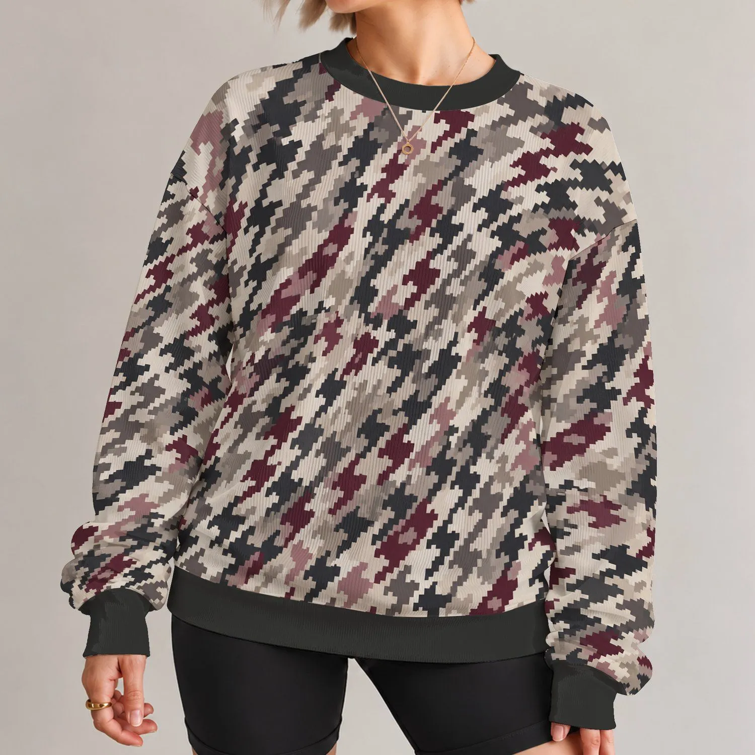 Cream Burgundy Houndstooth Motif for Polished Everyday Style and Casual Wear for Women All-over Print Knitted Sweater - 1