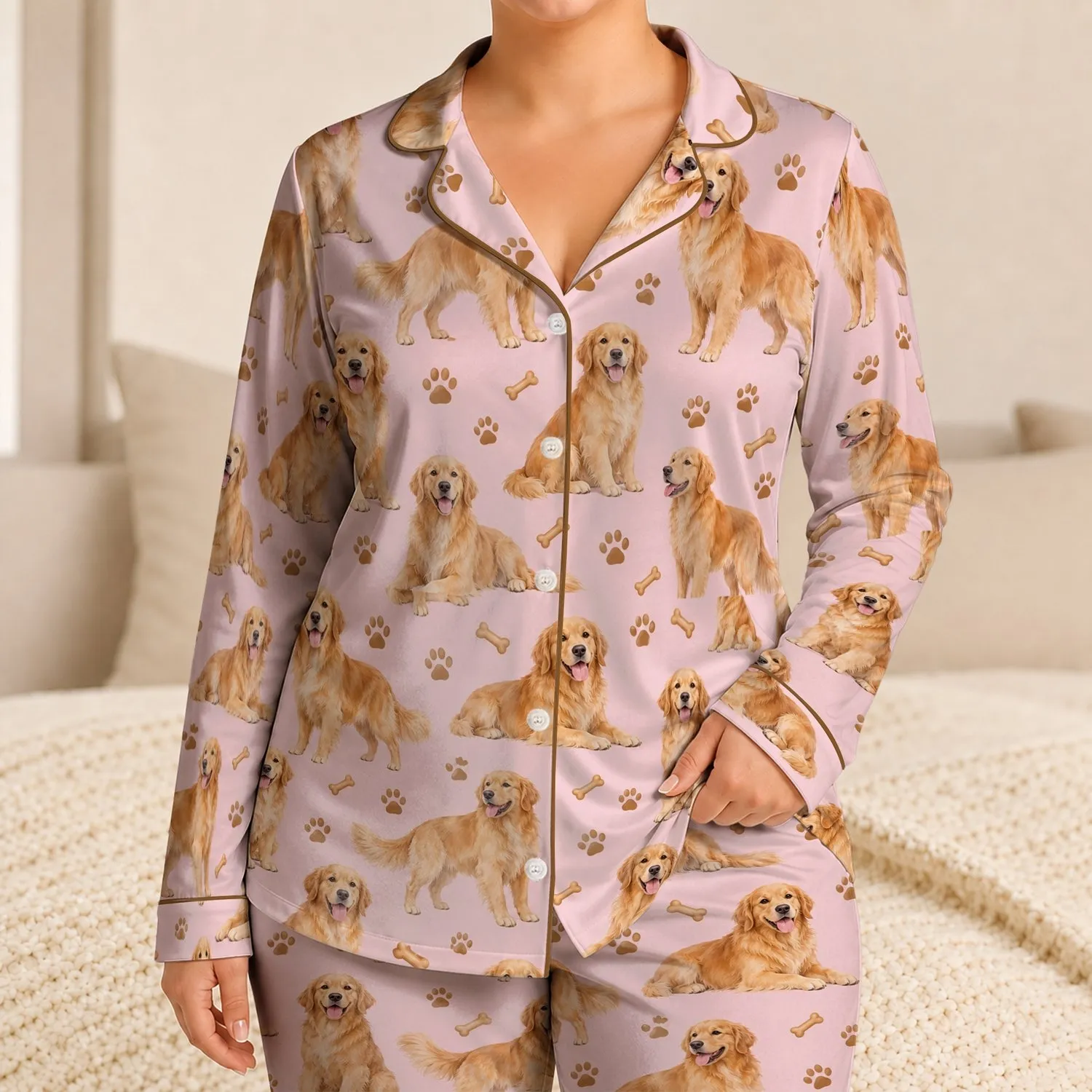 Golden Retriever Dog Motifs for Cozy Evenings and Relaxed Home Lounging Satin Pajamas Set - 1