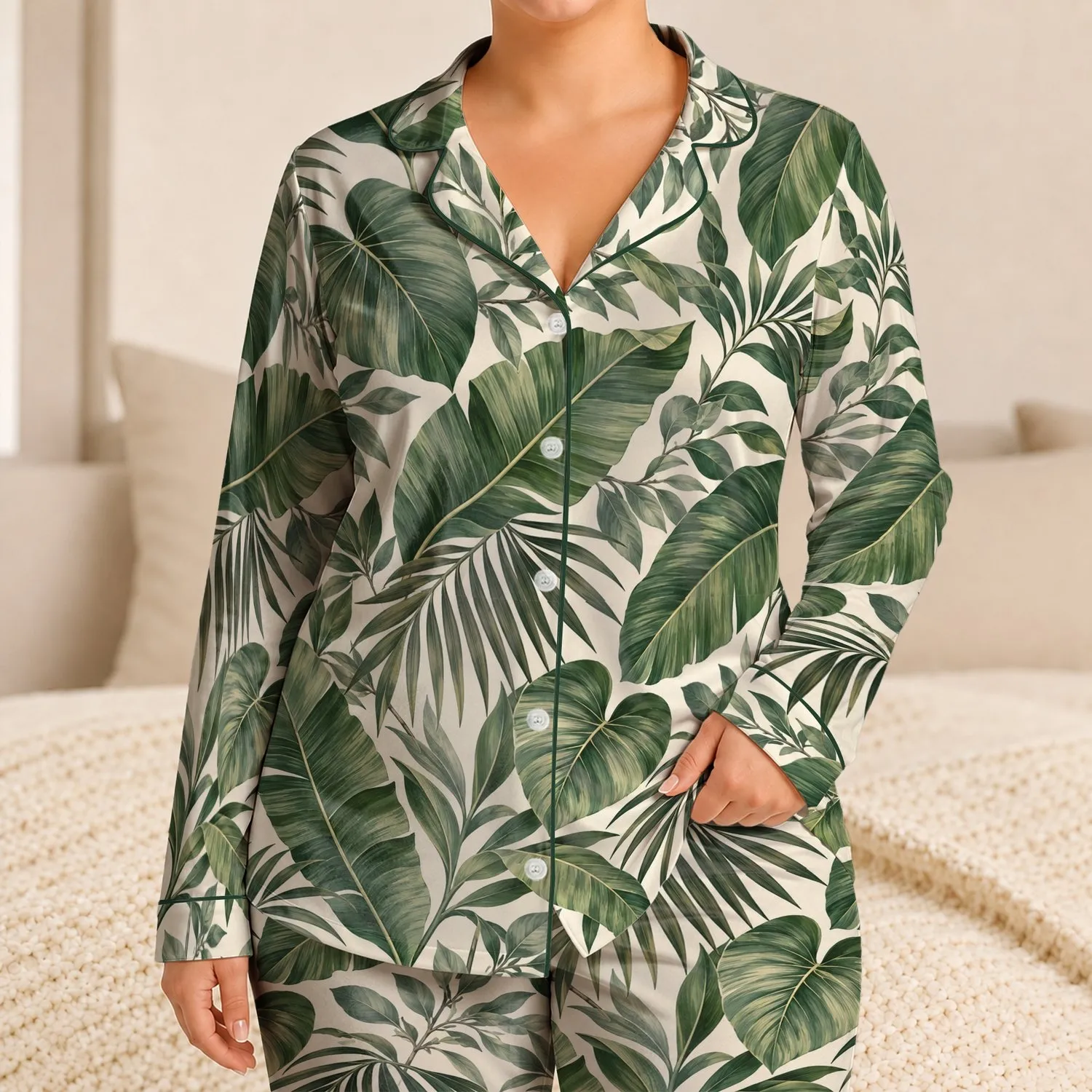 Tropical Palm Leaves for Relaxed Beach Getaways and Warm-Weather Coastal Lounging Satin Pajamas Set - 1
