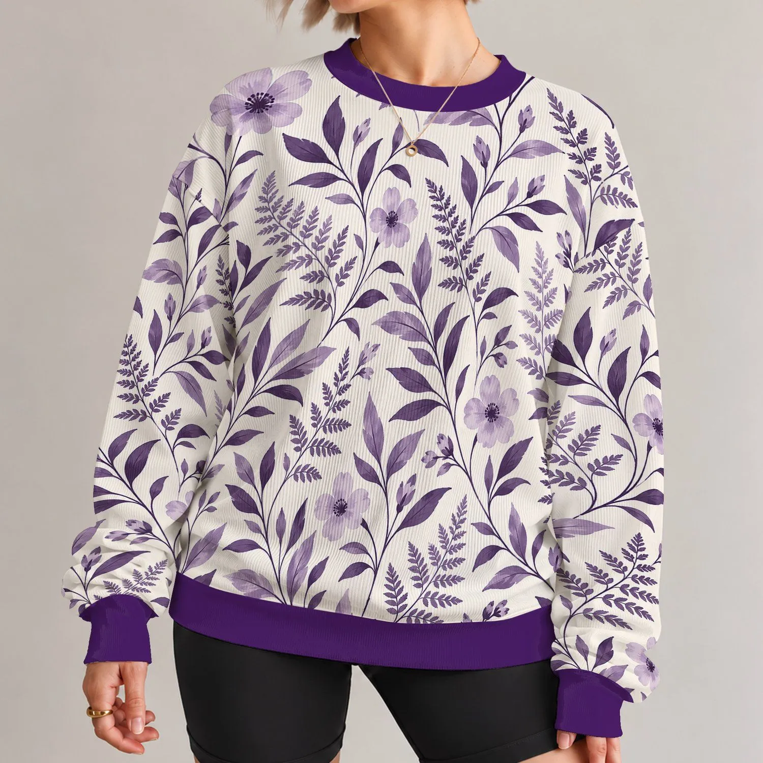 Purple Fern And Lavender Floral Motif For Cozy Autumn Nature Walks All-over Print Knitted Sweater - 1