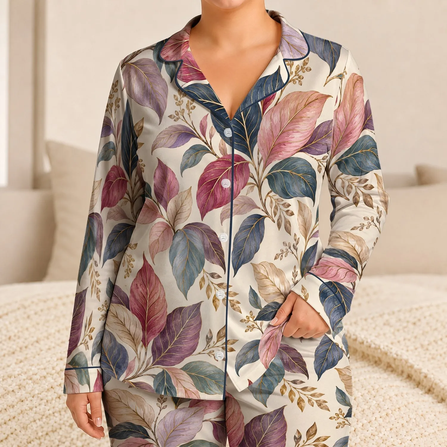 Jewel-Toned Botanical Leaves for Relaxed Vintage Lounging and Cozy Evenings at Home Satin Pajamas Set - 1