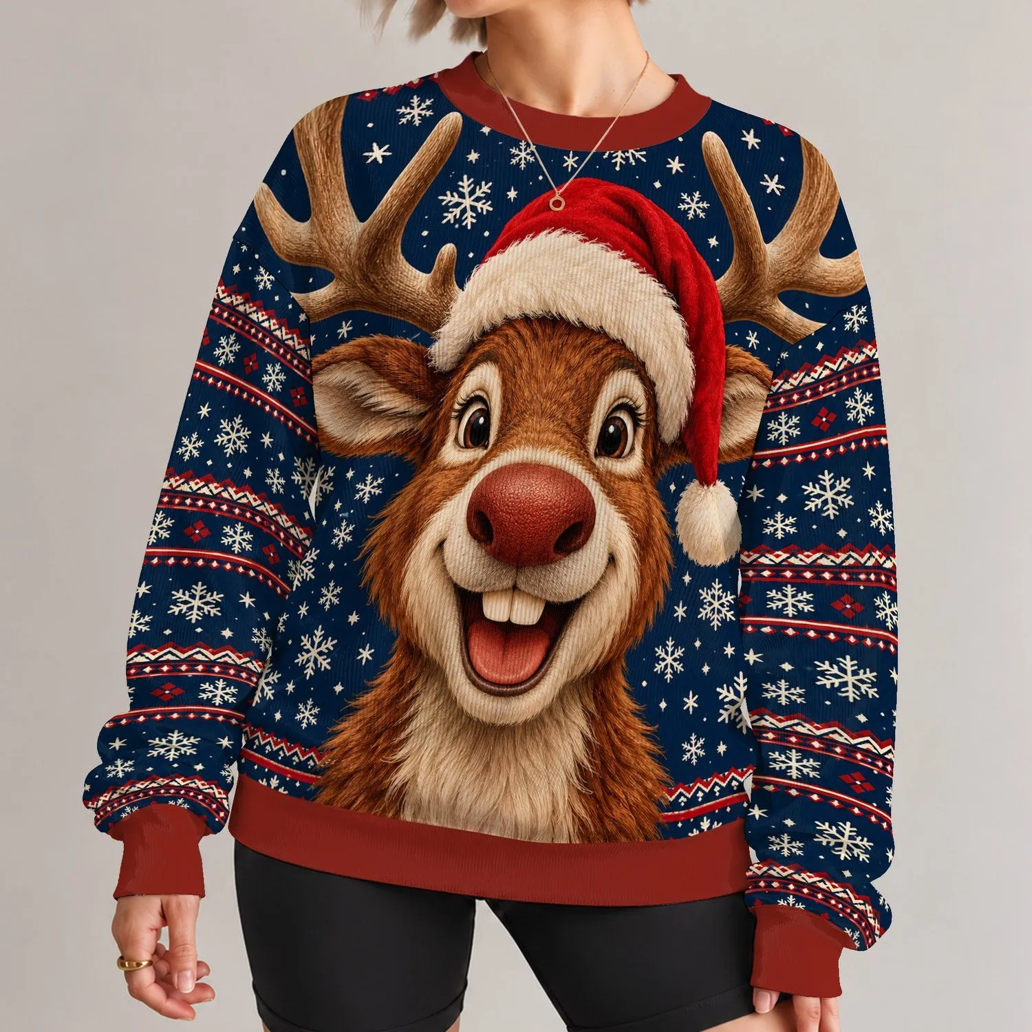 Friendly Reindeer Face With Snowflakes For Festive Holiday Celebrations All-over Print Knitted Sweater - 1