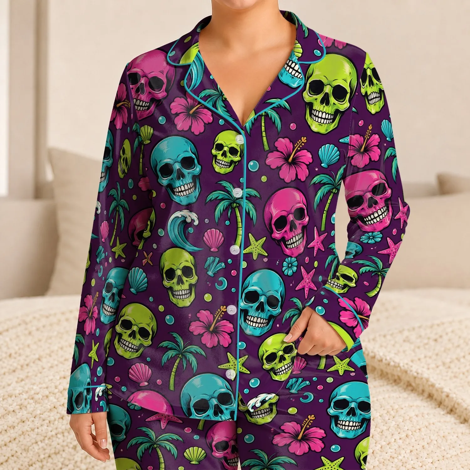Colorful Neon Skull Pop Art for Beach Getaways, Coastal Nights and Bold Vacation Style Satin Pajamas Set - 1