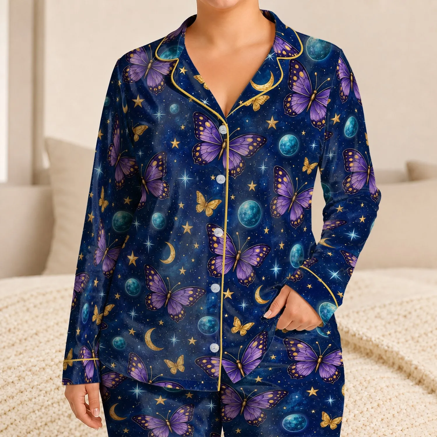 Violet Butterflies Beneath A Starry Midnight Sky For Cozy Evening Lounging At Home Satin Pajamas Set - 1