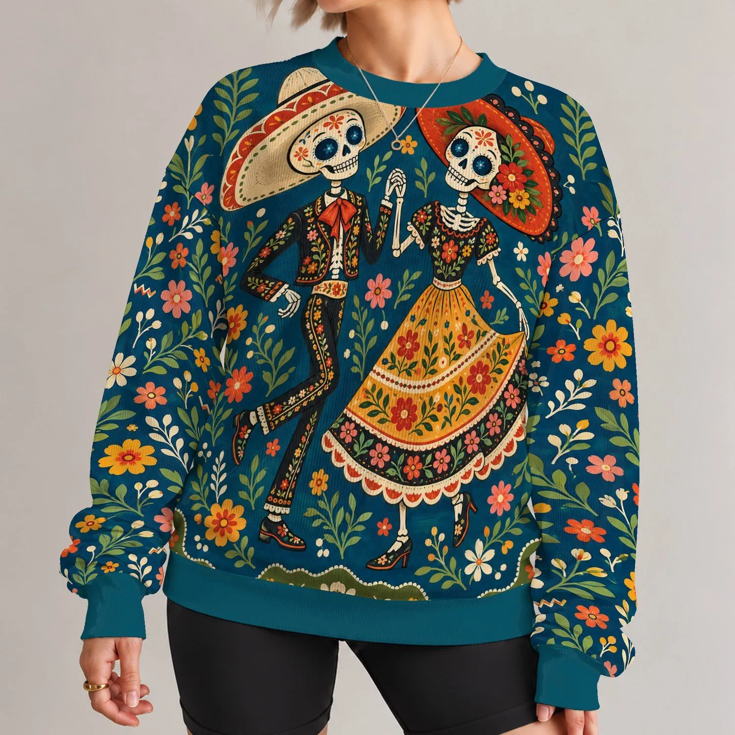 Skeleton Couple Folk Art for Halloween Celebrations and Autumn Gatherings at Home All-over Print Knitted Sweater - 1