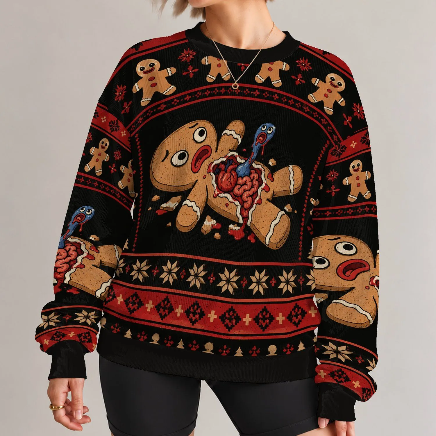 Gingerbread Anatomy and Holiday Motifs for Christmas Parties and Quirky Winter Wear All-over Print Knitted Sweater - 1