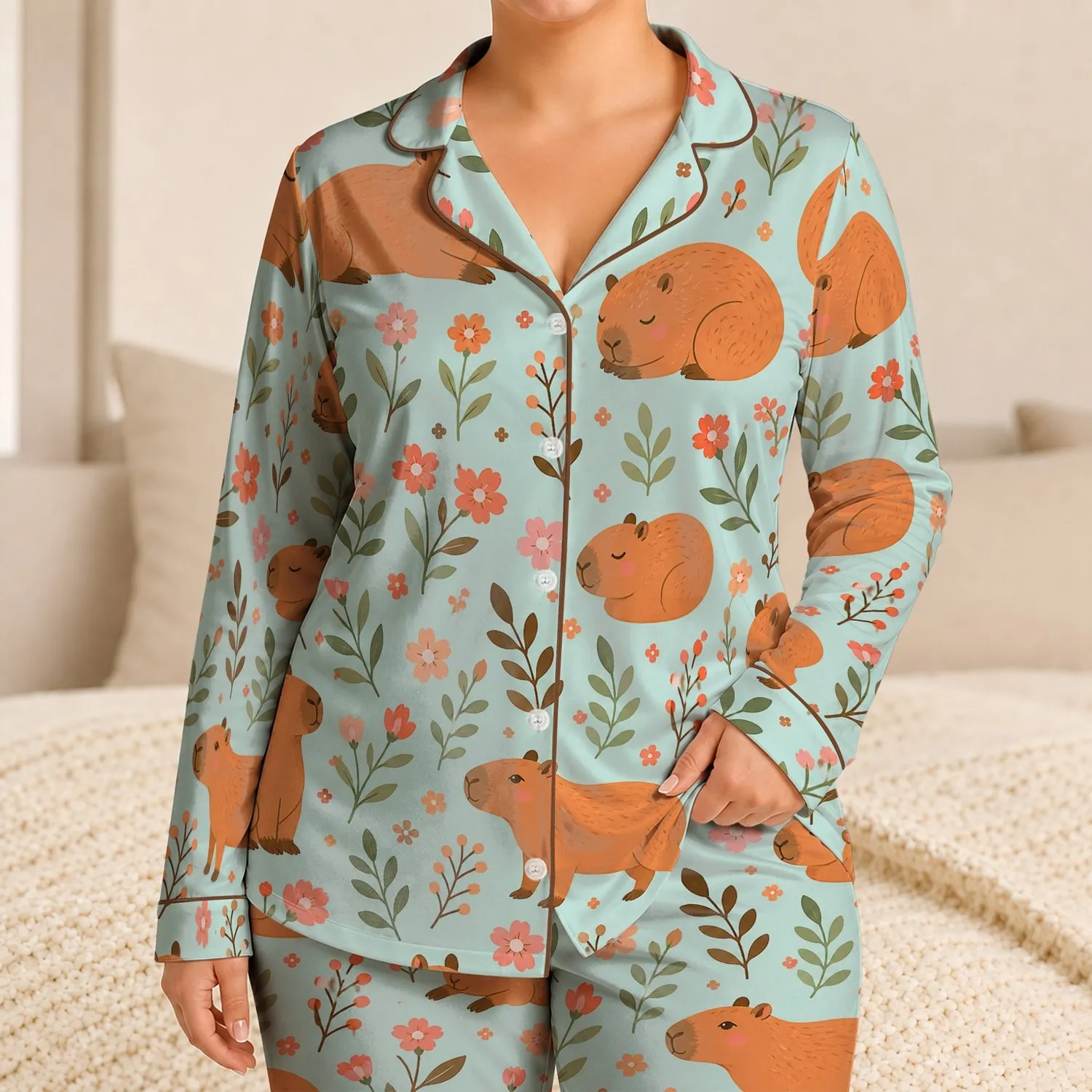 Cozy Capybara Floral Bedtime Outfit For Quiet Nights, Giftable Spring Style For Kids Satin Pajamas Set - 1