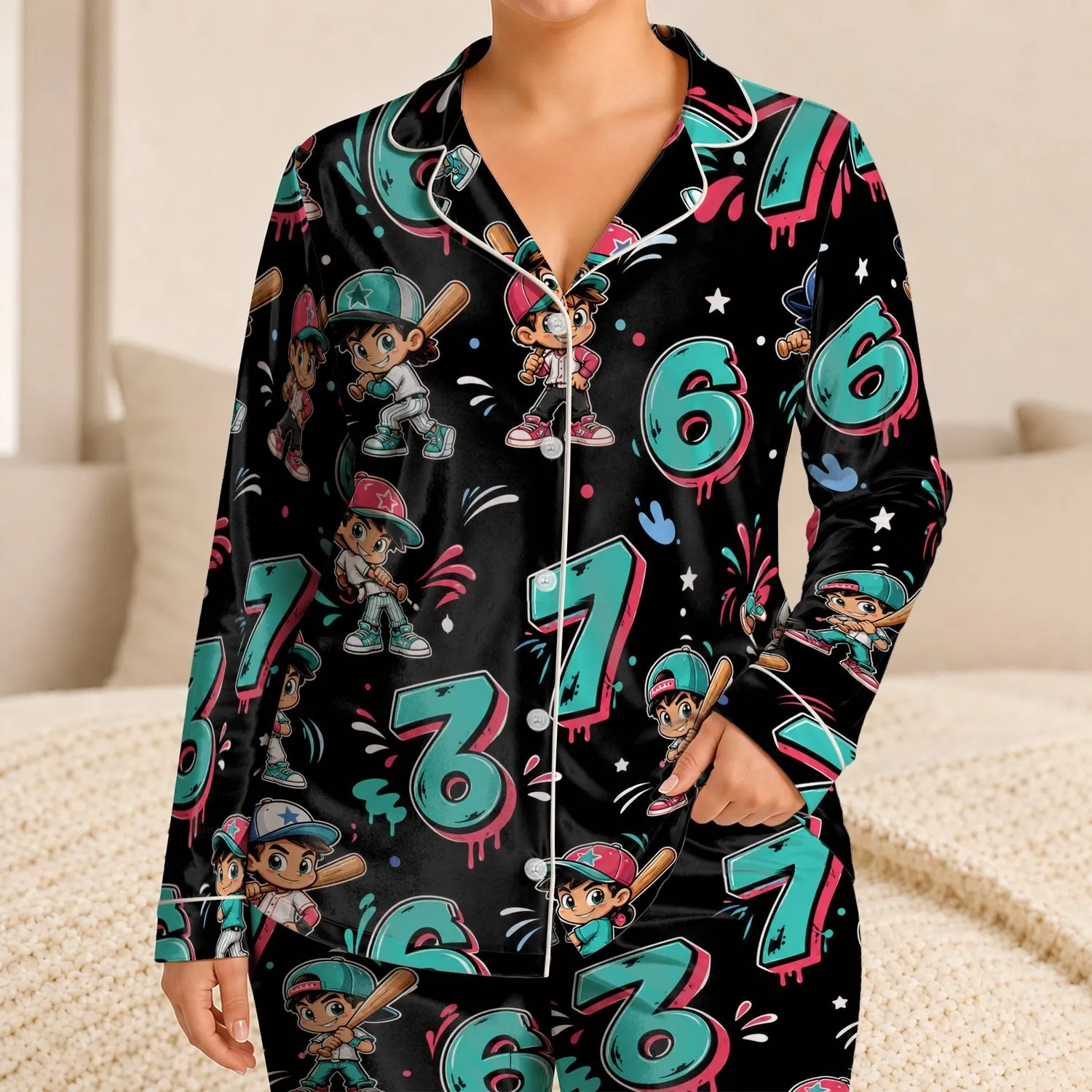 Turquoise 67 Street-Sport Mascot Black Lounge Look For Boys And Girls, Gift Ready Satin Pajamas Set - 1