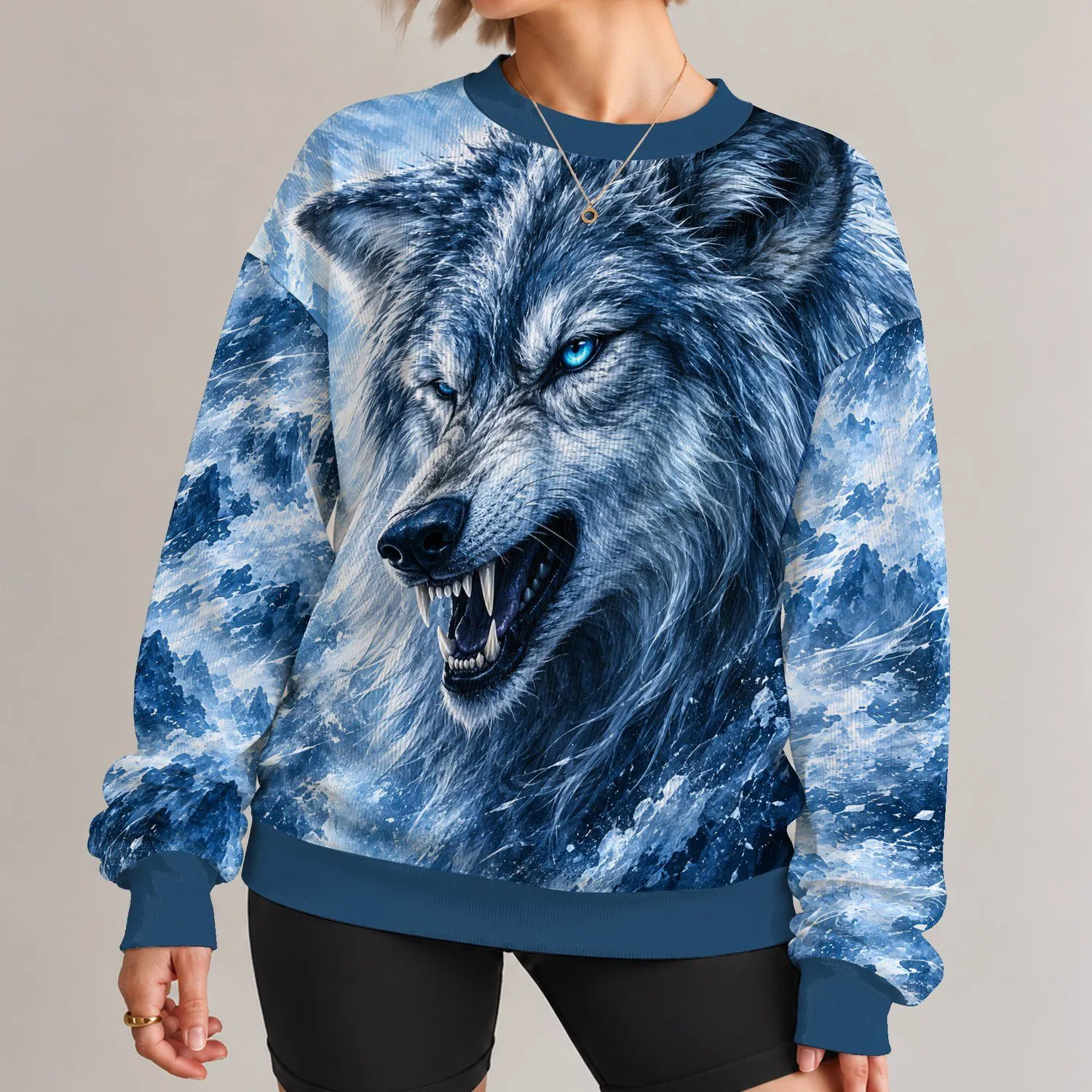 Fierce Blue-Eyed Ice Wolf for Winter Sports and Outdoor Training Enthusiasts All-over Print Knitted Sweater - 1