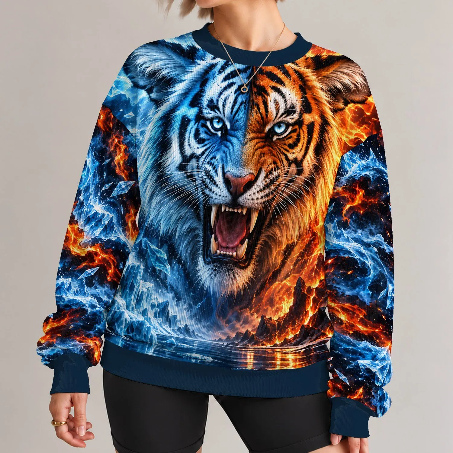 Icy Blue Tiger and Flames for Bold Outdoor Adventures and Everyday Wear All-over Print Knitted Sweater - 1