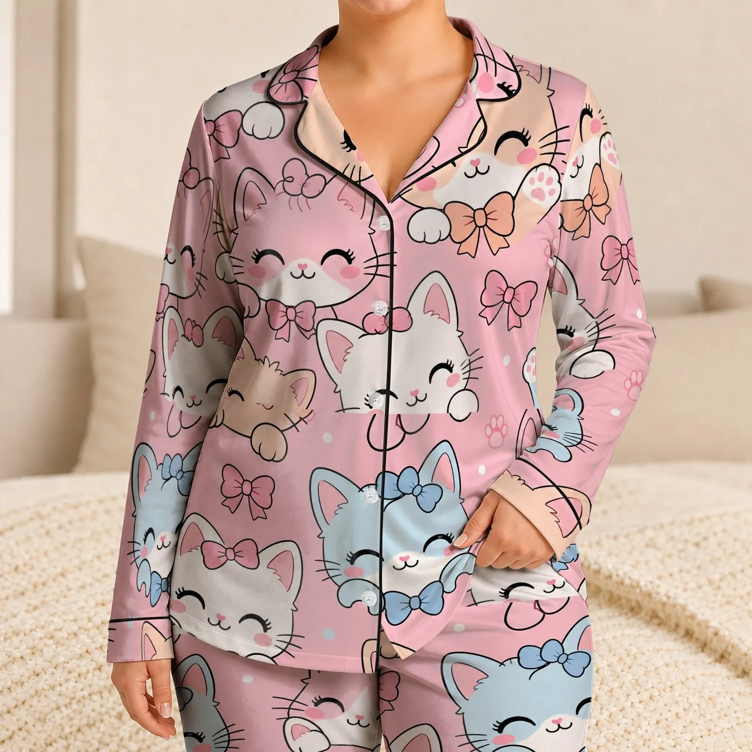 Kawaii Cat Faces Cozy Bedtime Loungewear For Girls, Teens, And Cat Lovers At Home Satin Pajamas Set - 1