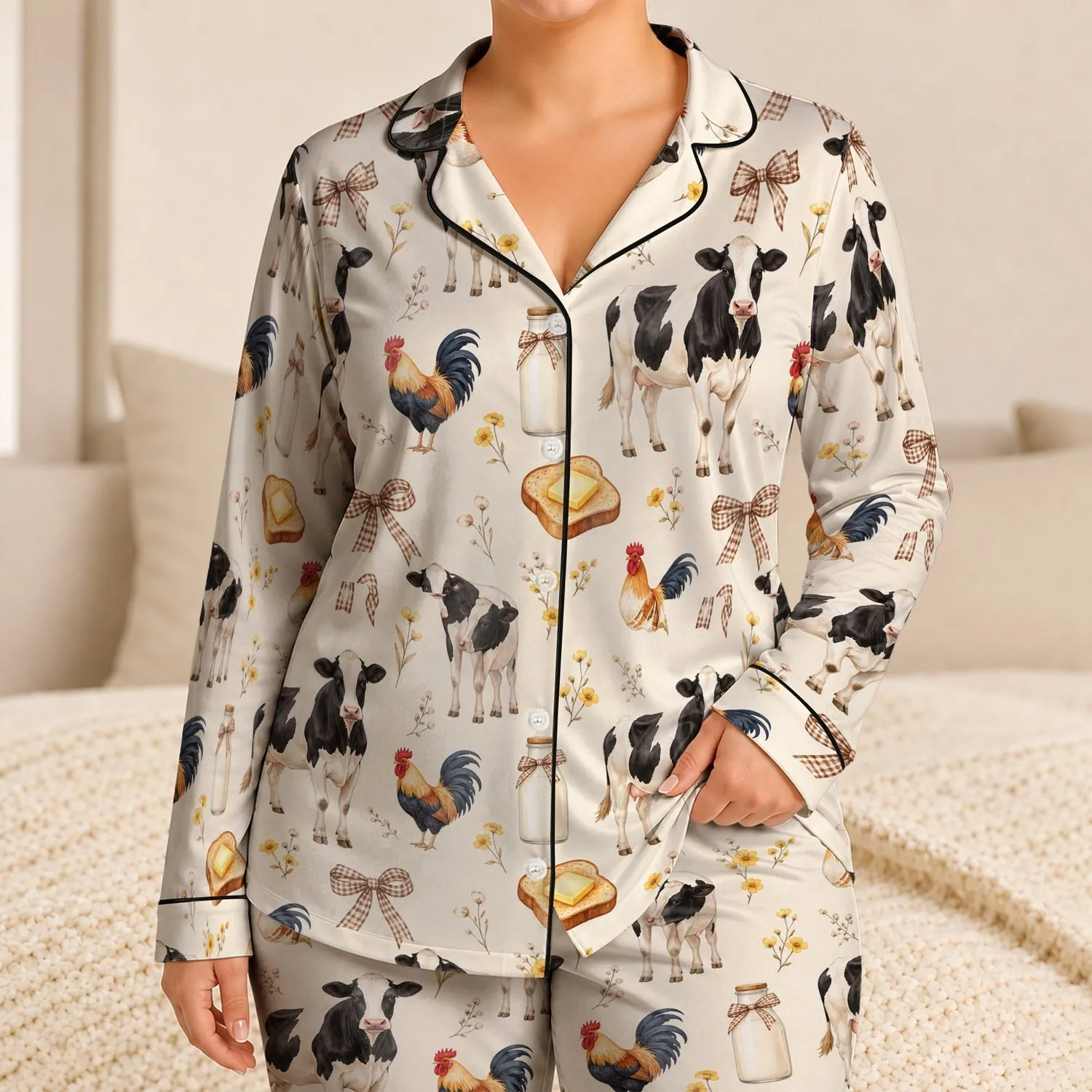 Farmhouse Dairy Cows And Roosters For Cozy Country Mornings For Women At Home Gifts Satin Pajamas Set - 1
