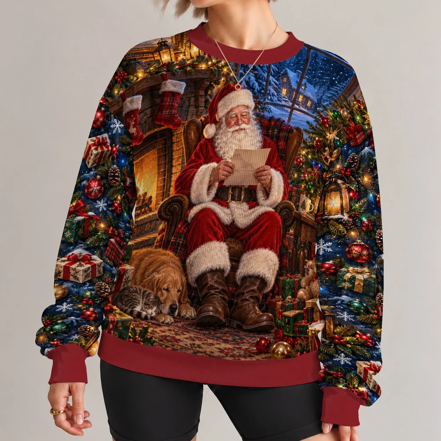 Santa Reading by the Fireside for Cozy Christmas Evenings and Festive Family Gatherings All-over Print Knitted Sweater - 1