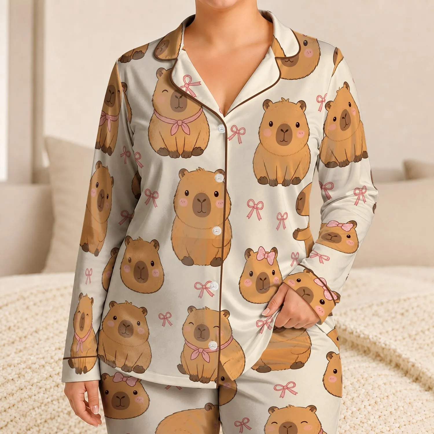 Cute Capybara Motifs For Cozy Bedtime And Home Days, Girls' Everyday Soft Comfort Satin Pajamas Set - 1