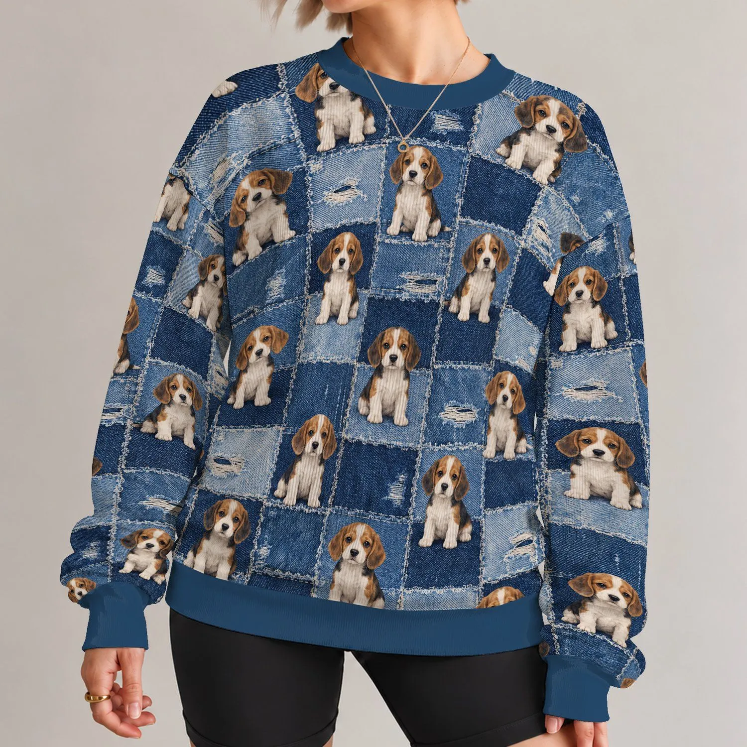 Beagle Puppy Denim Quilt Motifs for Cozy Autumn Walks and Casual Dog Lover Style All-over Print Knitted Sweater - 1