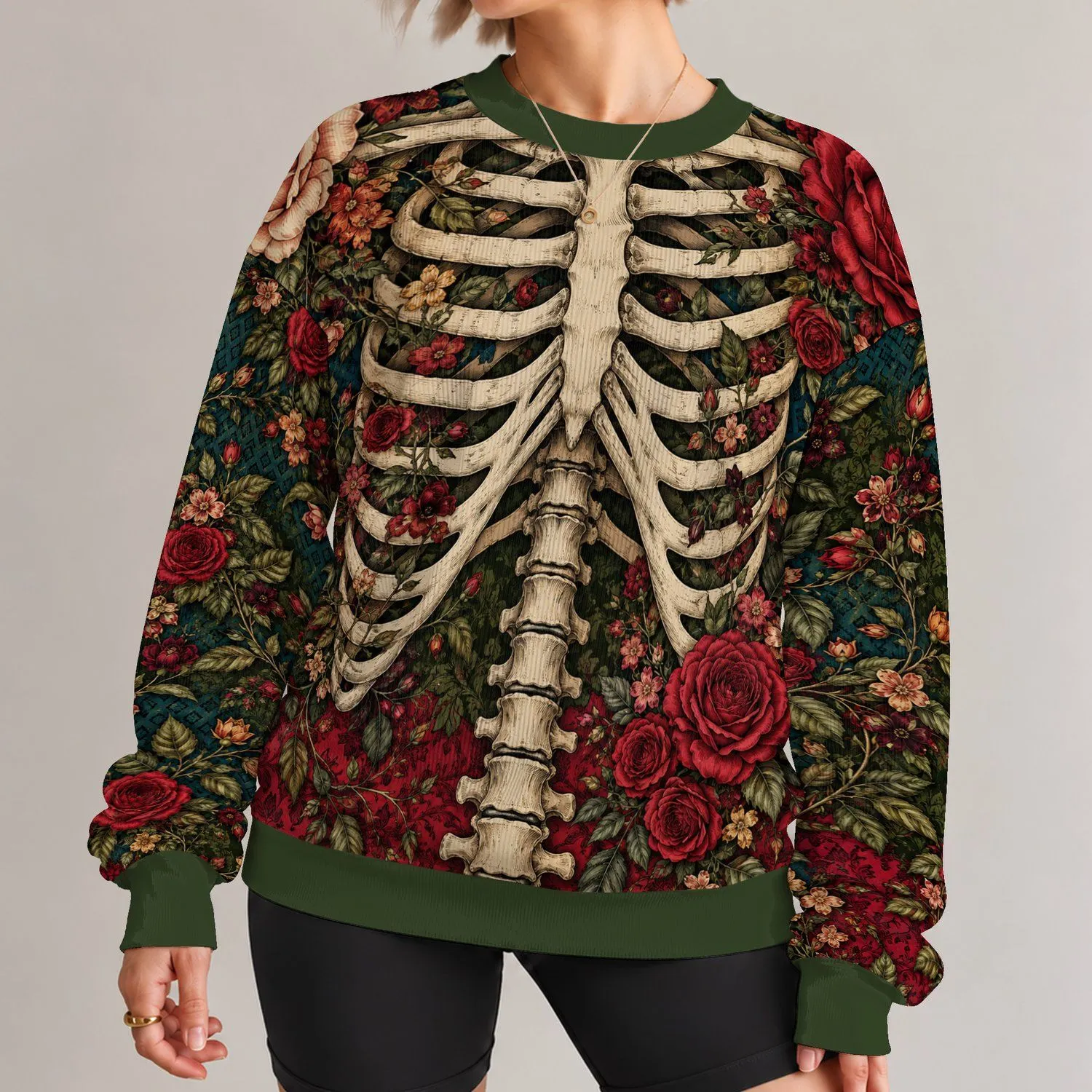 Ivory Skeleton and Crimson Roses for Casual Gothic Botanical Style All-over Print Knitted Sweater - 1