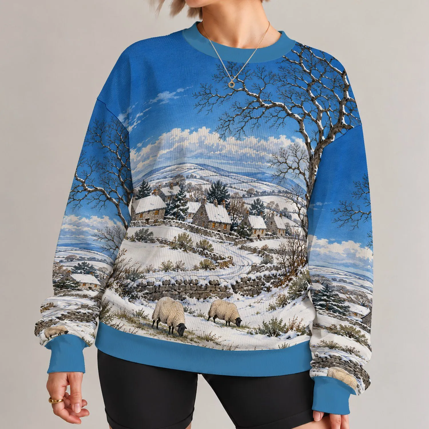 Snowy Countryside Village and Sheep for Cozy Winter Country Living All-over Print Knitted Sweater - 1