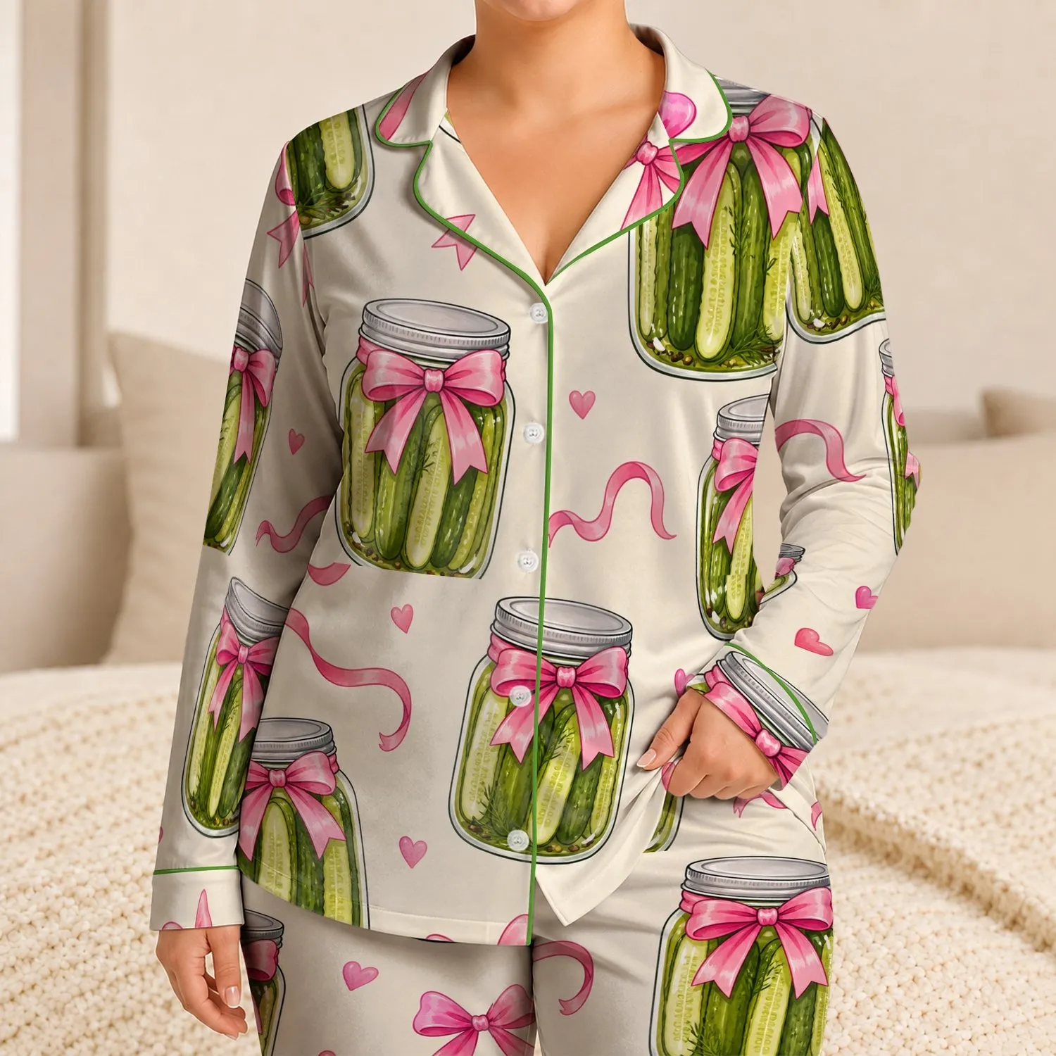 Pickle Jar And Pink Bow Motifs For Cozy Home Lounging, Gift For Girls And Teens Satin Pajamas Set - 1