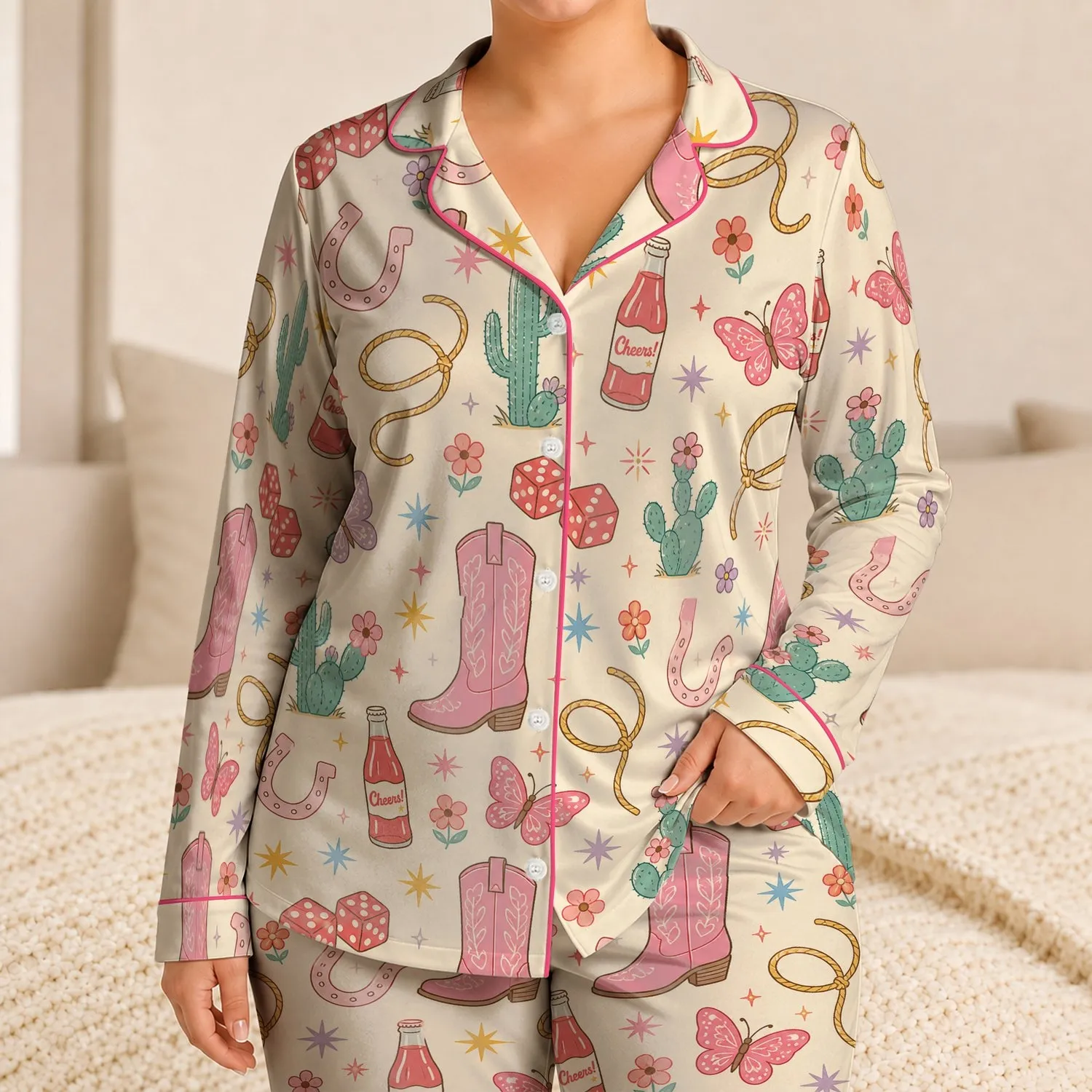 Vintage Western Boots, Dice, And Soda Bottle Motif For Girls' Cozy Everyday Looks Satin Pajamas Set - 1